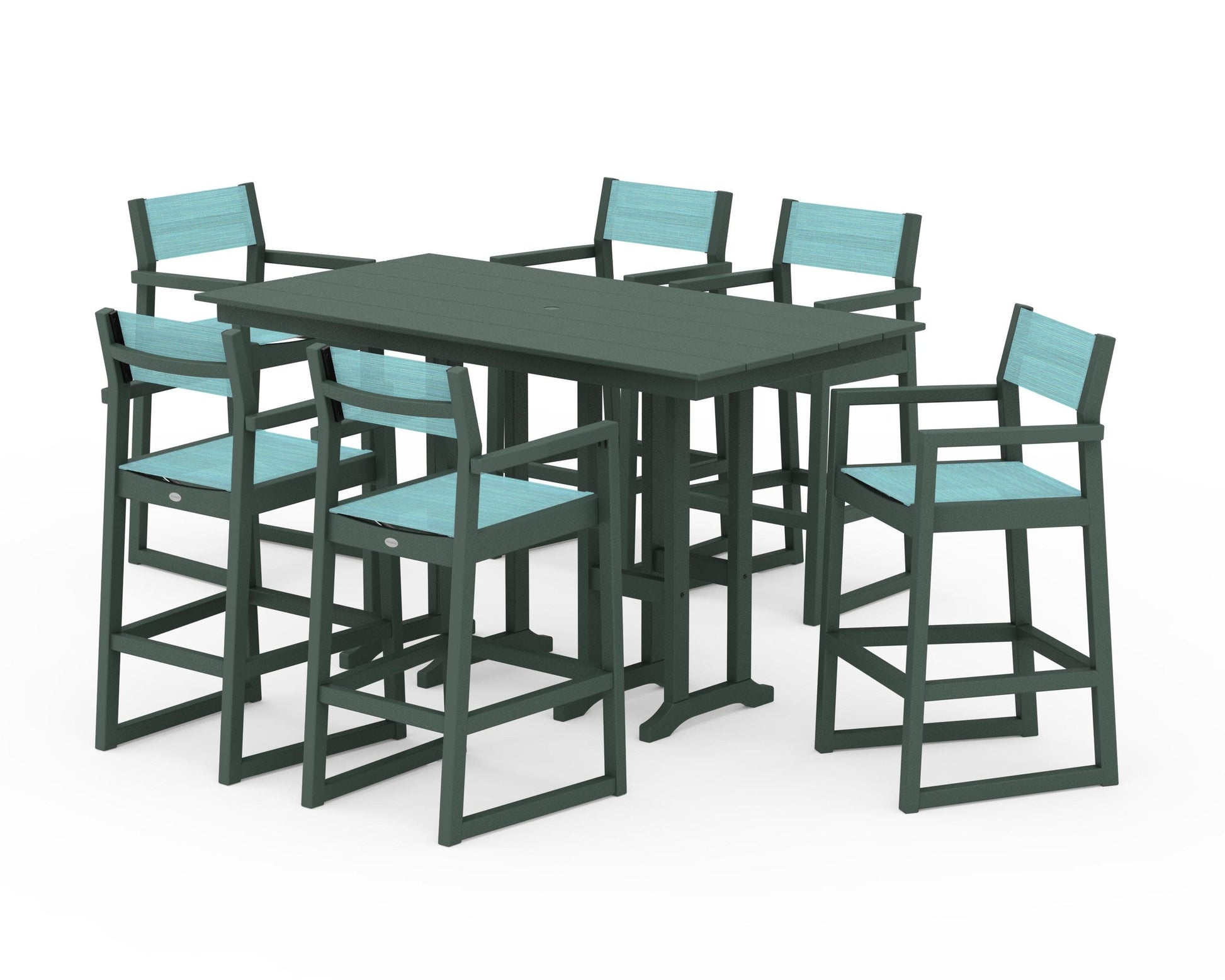 POLYWOOD EDGE Sling Arm Chair 7-Piece Farmhouse Bar Set — Green / Dupioni Aquamarine Sling