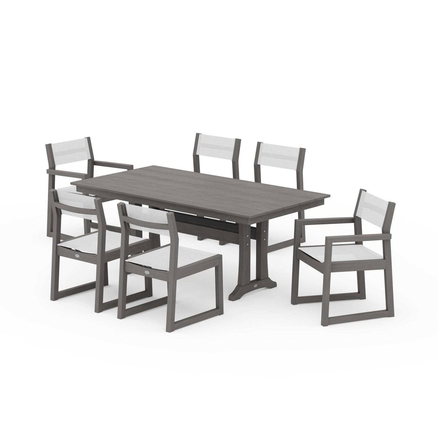 POLYWOOD EDGE Sling 7-Piece Farmhouse Trestle Dining Set — Driftwood / White Sling
