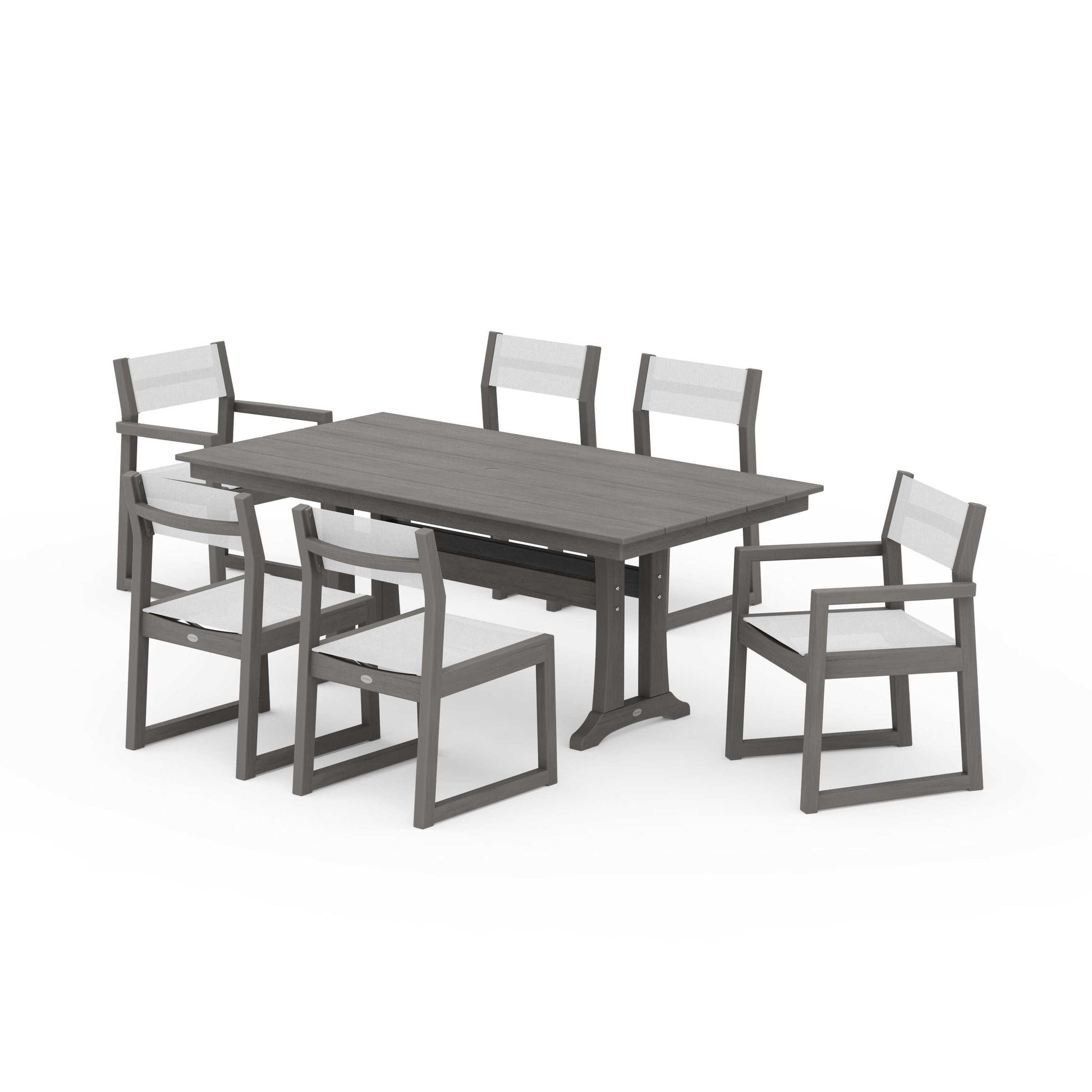 POLYWOOD EDGE Sling 7-Piece Farmhouse Trestle Dining Set — Driftwood / White Sling