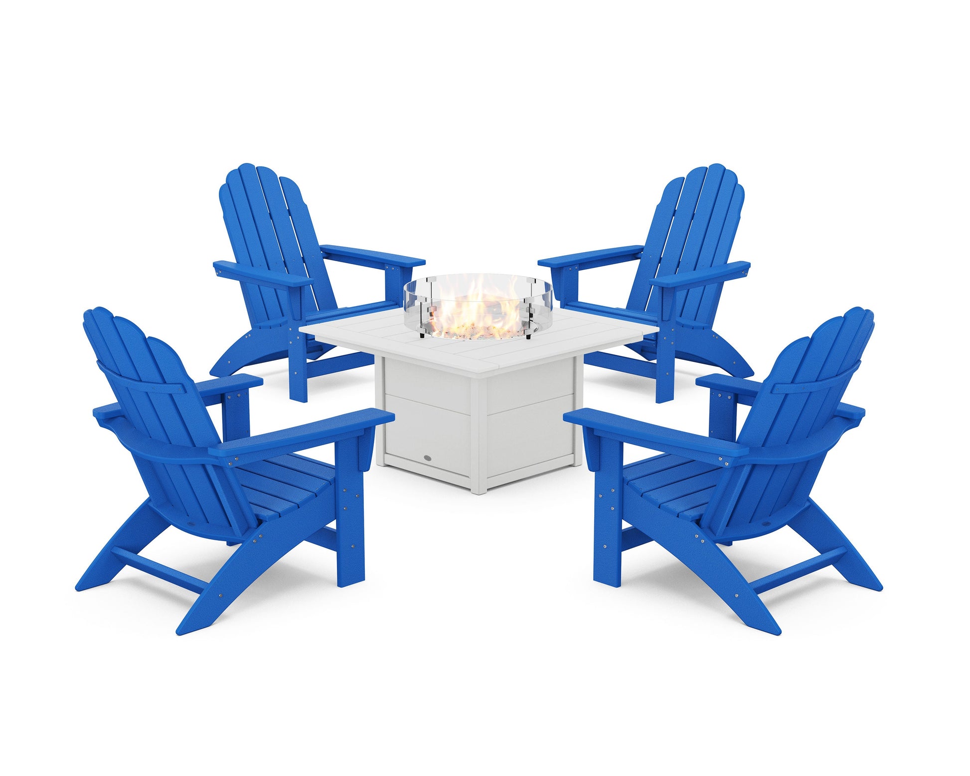 POLYWOOD 5-Piece Vineyard Grand Adirondack Conversation Set with Fire Pit Table — Pacific Blue / White