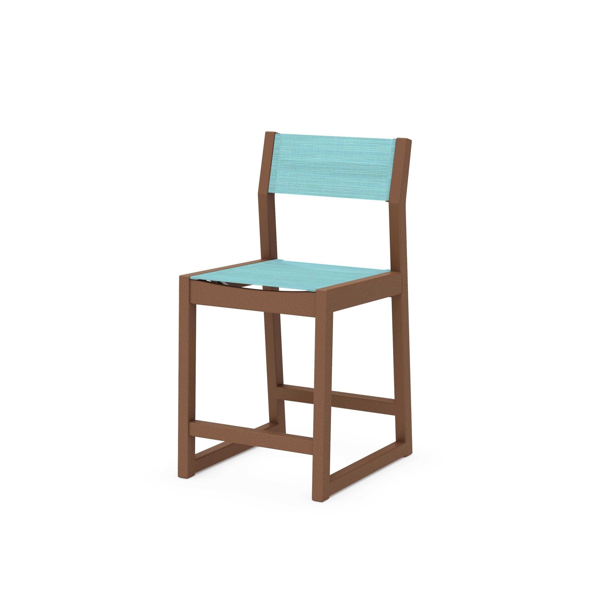 POLYWOOD EDGE Sling Counter Side Chair — Teak / Dupioni Aquamarine Sling
