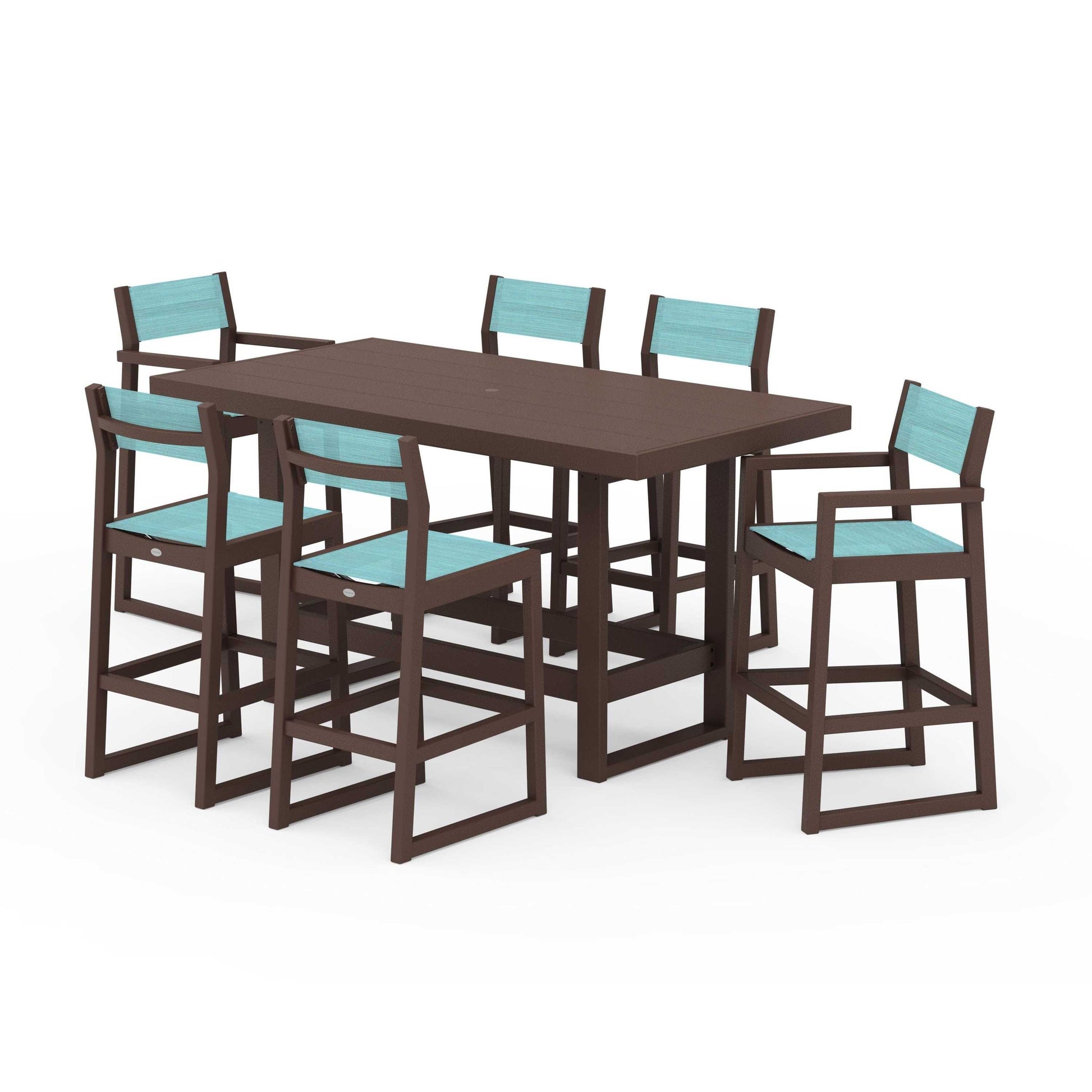 POLYWOOD EDGE Sling 7-Piece Bar Table Set — Mahogany / Dupioni Aquamarine Sling