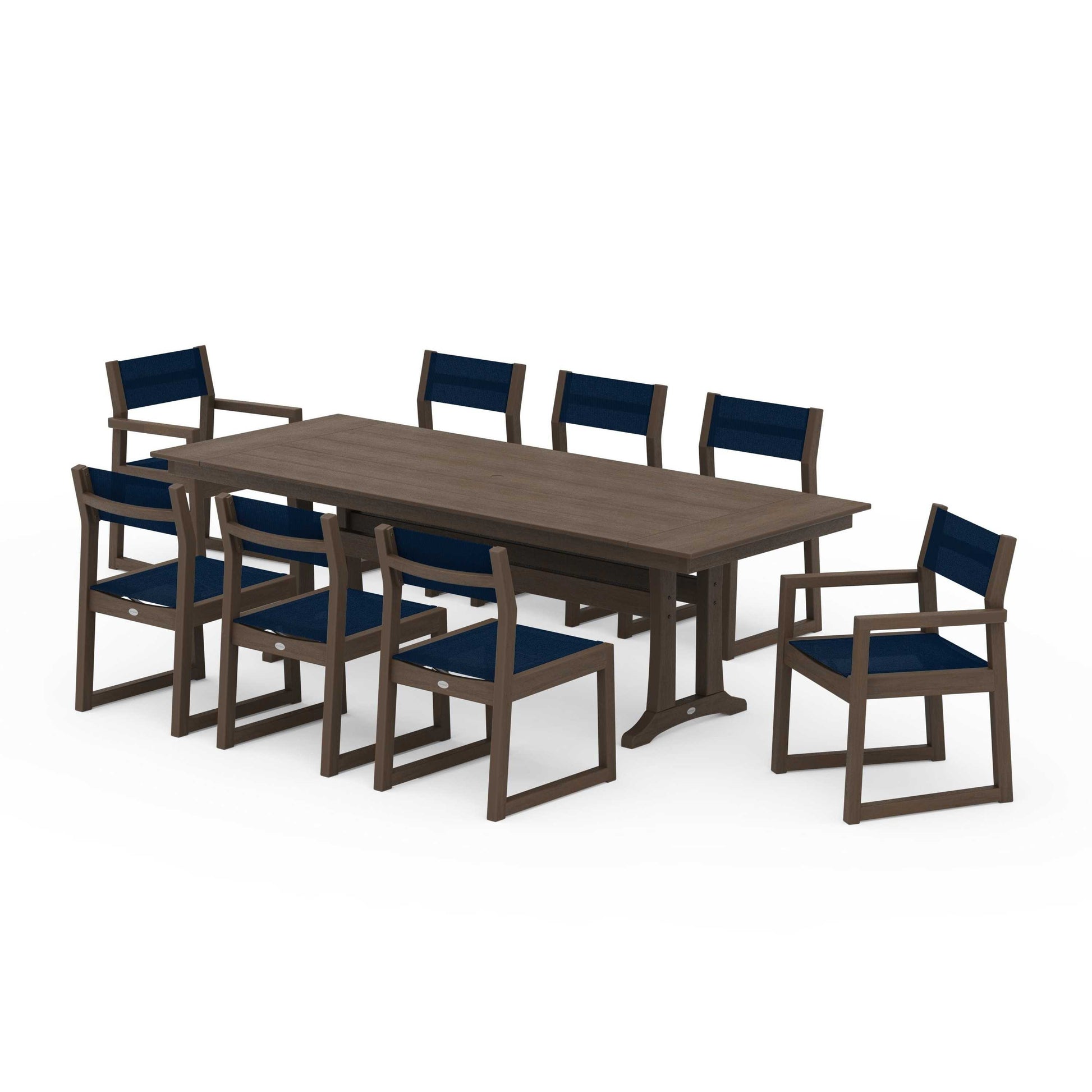 POLYWOOD EDGE Sling 9-Piece Farmhouse Trestle Dining Set — Kona / Navy Blue Sling
