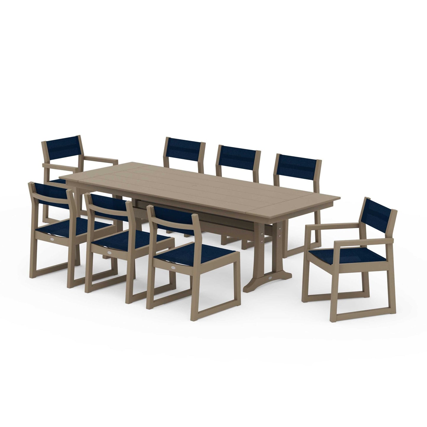 POLYWOOD EDGE Sling 9-Piece Farmhouse Trestle Dining Set — Vintage Sahara / Navy Blue Sling