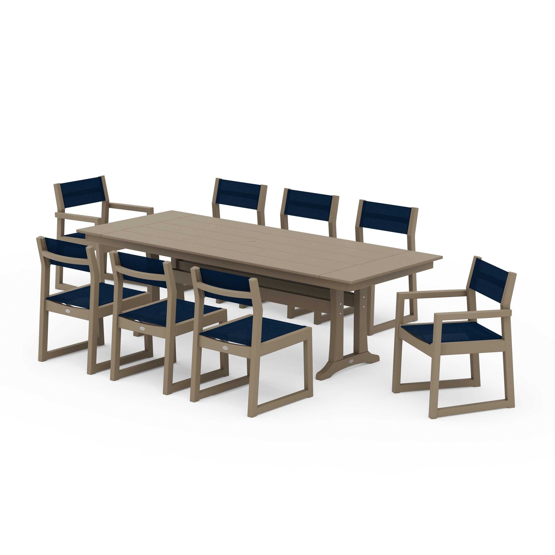 POLYWOOD EDGE Sling 9-Piece Farmhouse Trestle Dining Set — Vintage Sahara / Navy Blue Sling