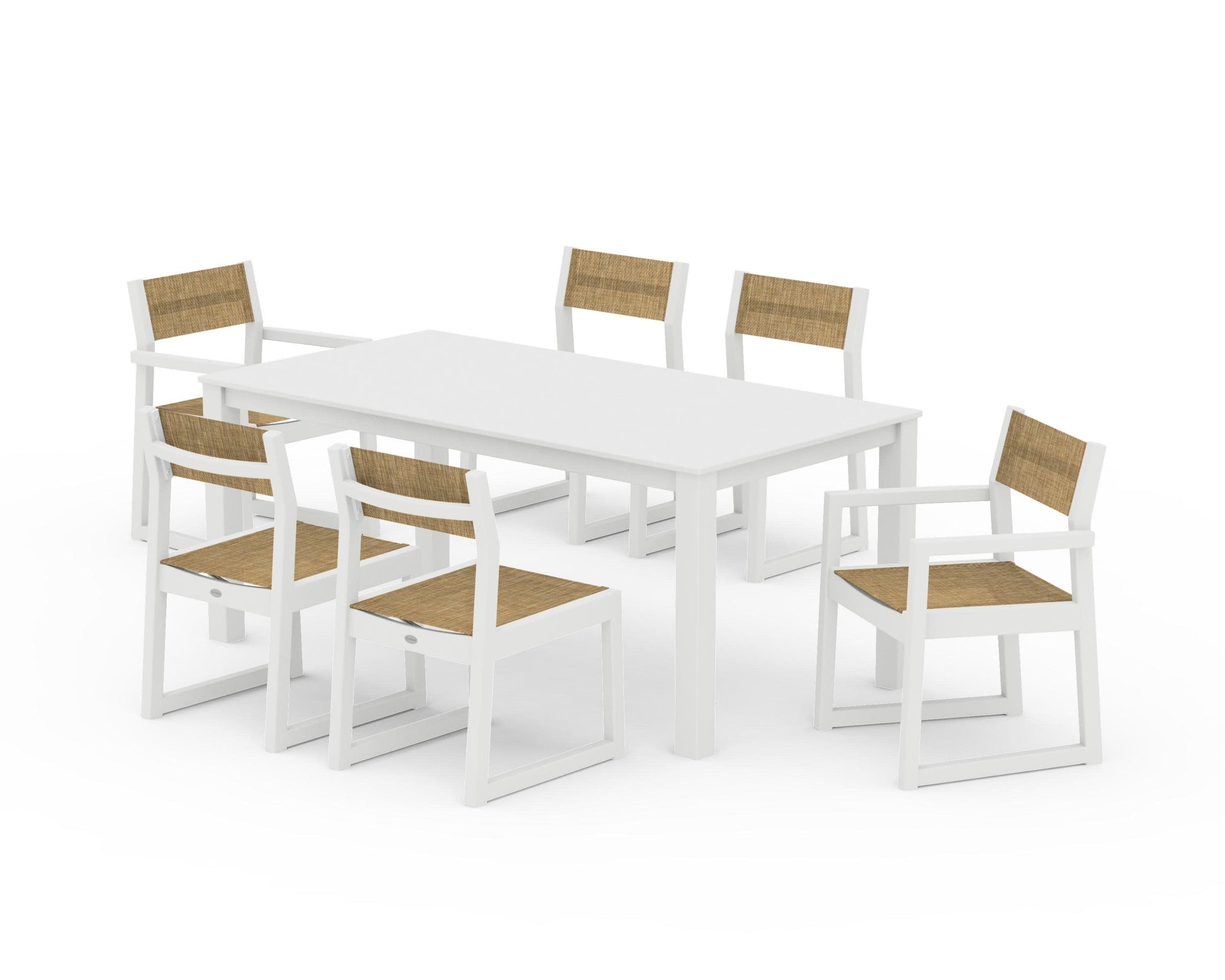 POLYWOOD EDGE Sling 7-Piece Parsons Dining Set — White / Burlap Sling