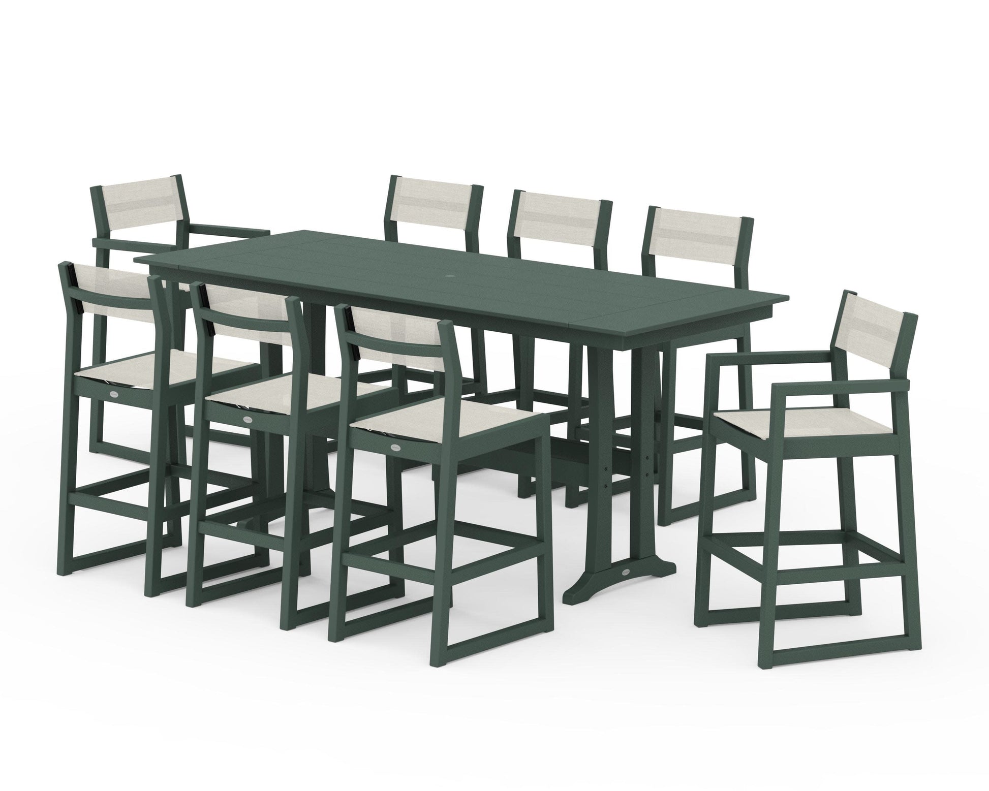 POLYWOOD EDGE Sling 9-Piece Farmhouse Bar Set with Trestle Legs — Green / Parchment Sling