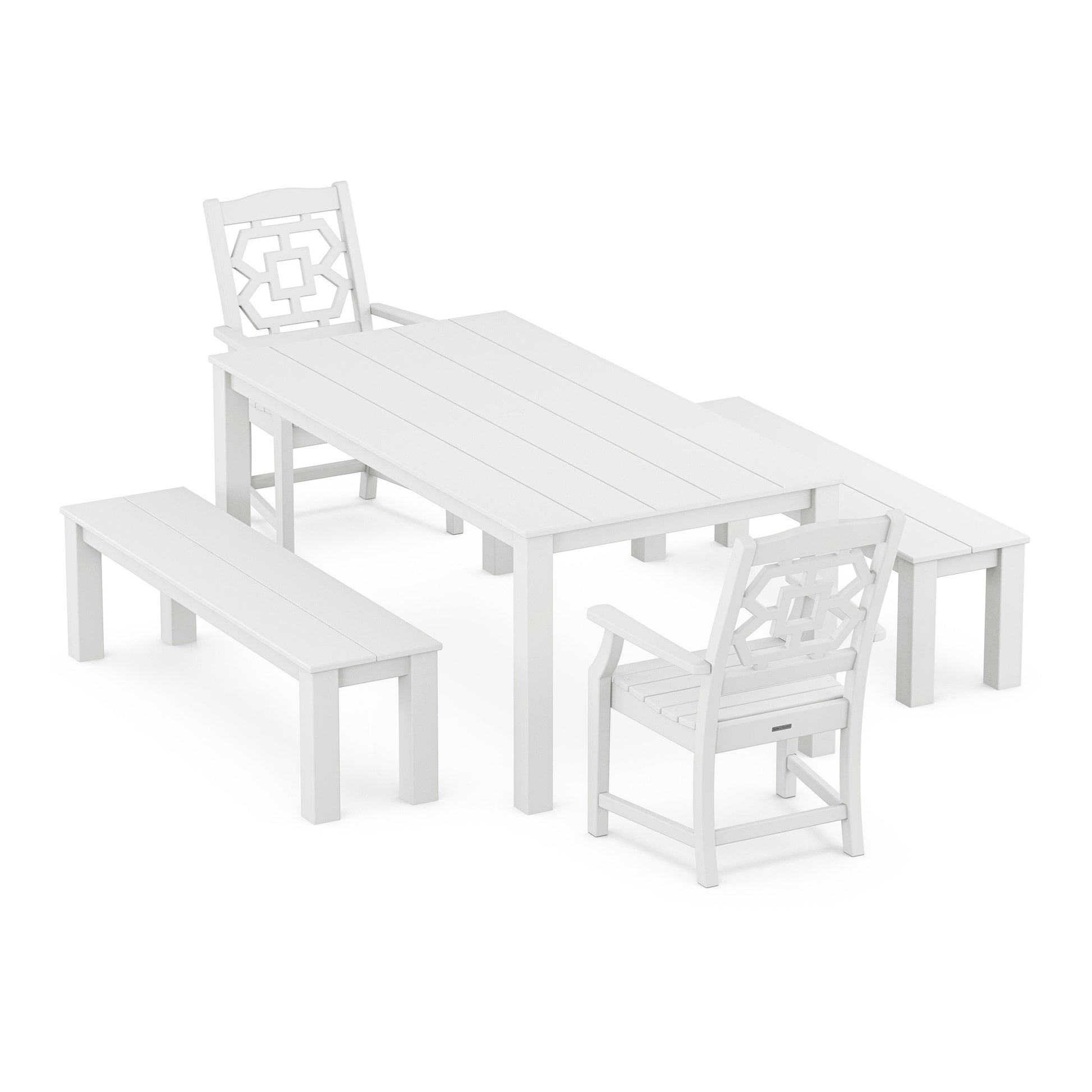 POLYWOOD Chinoiserie 5-Piece Parsons Dining Set with Benches — White