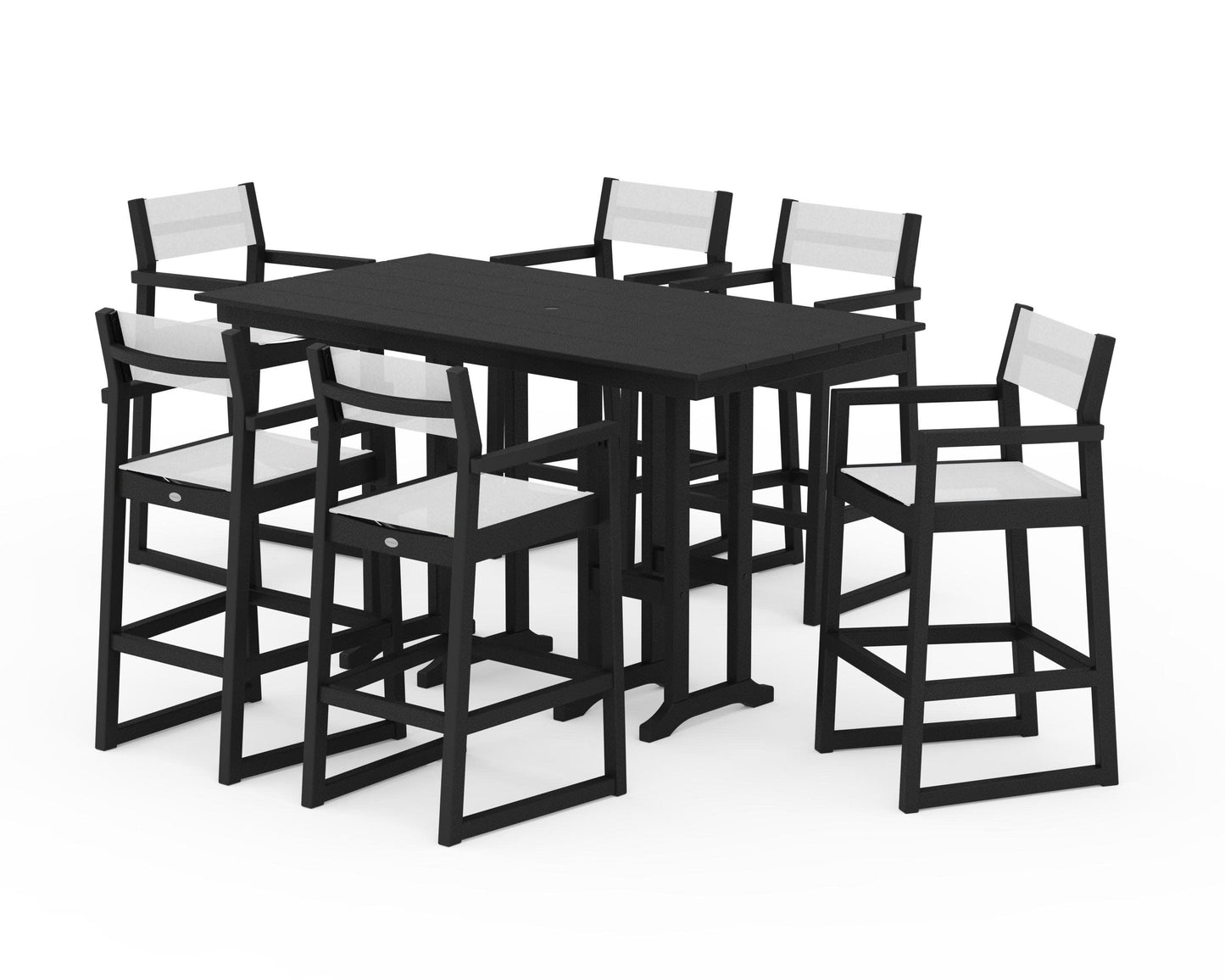 POLYWOOD EDGE Sling Arm Chair 7-Piece Farmhouse Bar Set — Black / White Sling