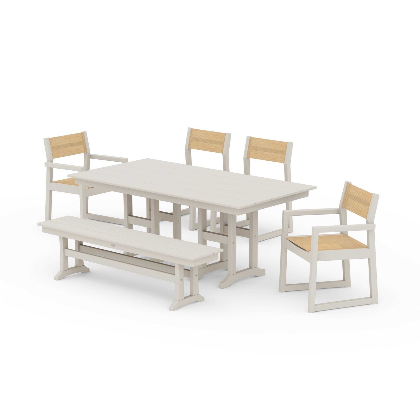 POLYWOOD EDGE Sling 6-Piece Farmhouse Dining Set — Sand / Dupioni Apricot Sling
