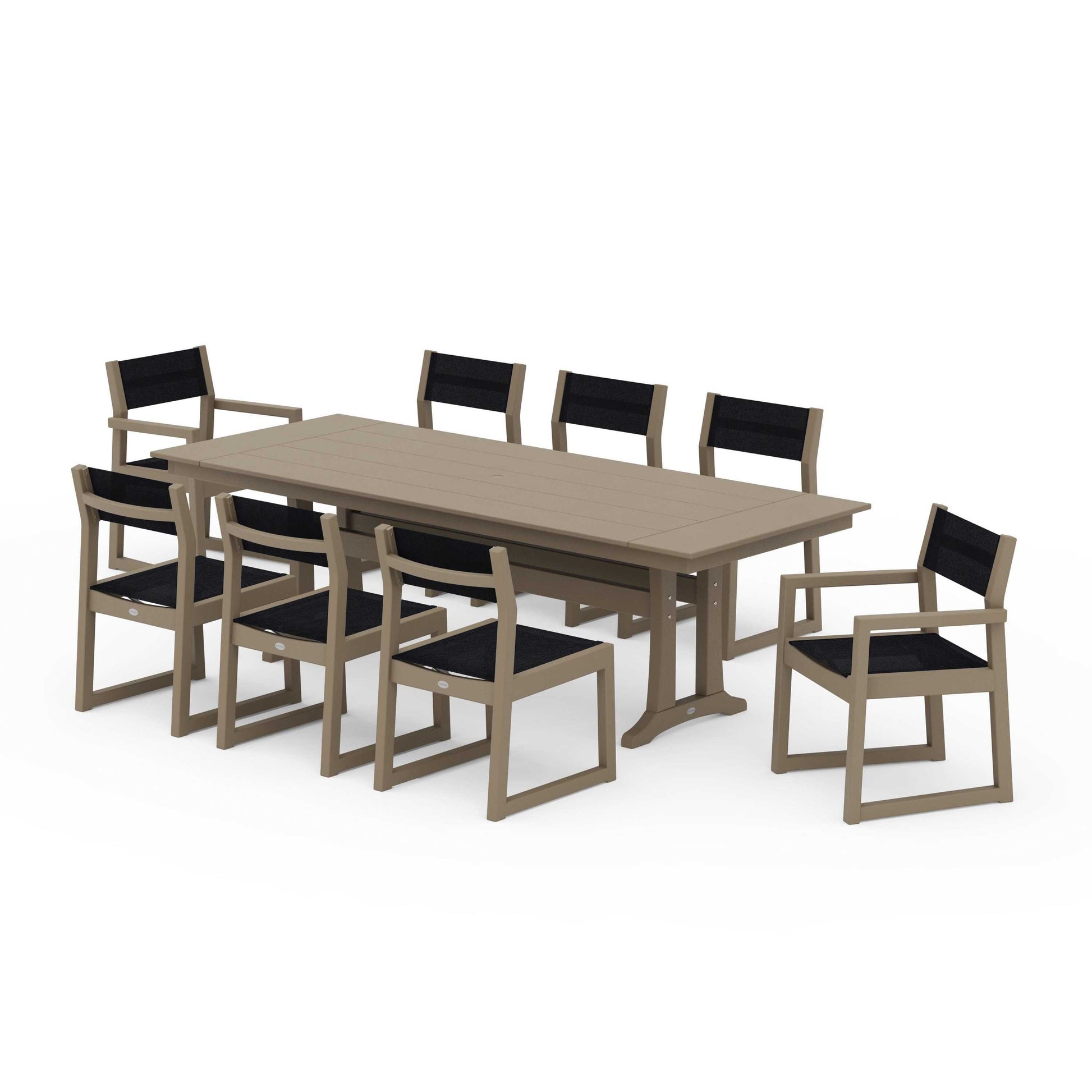 POLYWOOD EDGE Sling 9-Piece Farmhouse Trestle Dining Set — Vintage Sahara / Black Sling
