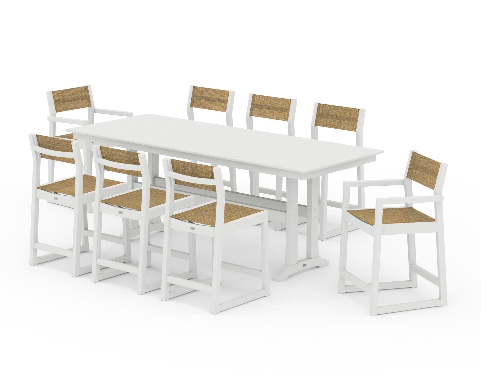 POLYWOOD EDGE Sling 9-Piece Farmhouse Counter Set with Trestle Legs — Vintage White / Burlap Sling