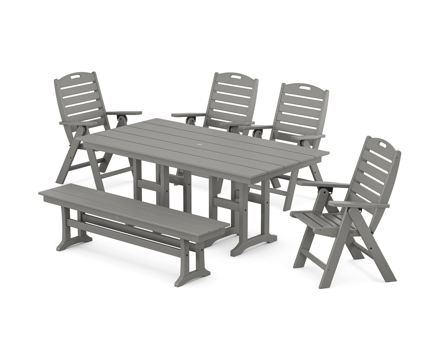 POLYWOOD Nautical Highback 6-Piece Farmhouse Dining Set with Bench — Slate Grey