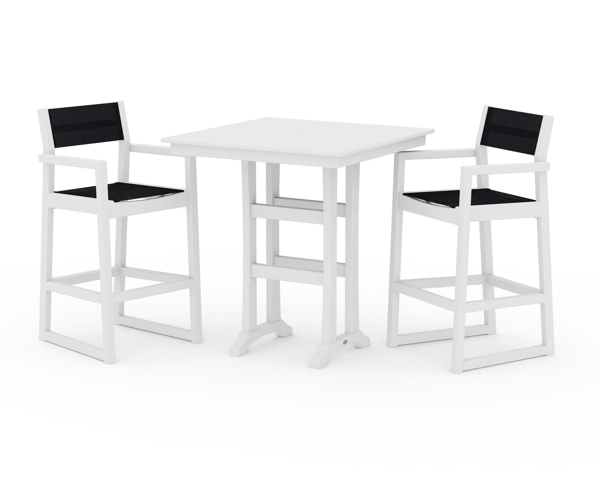 POLYWOOD EDGE Sling Arm Chair 3-Piece Farmhouse Bar Set with Trestle Legs — White / Black Sling