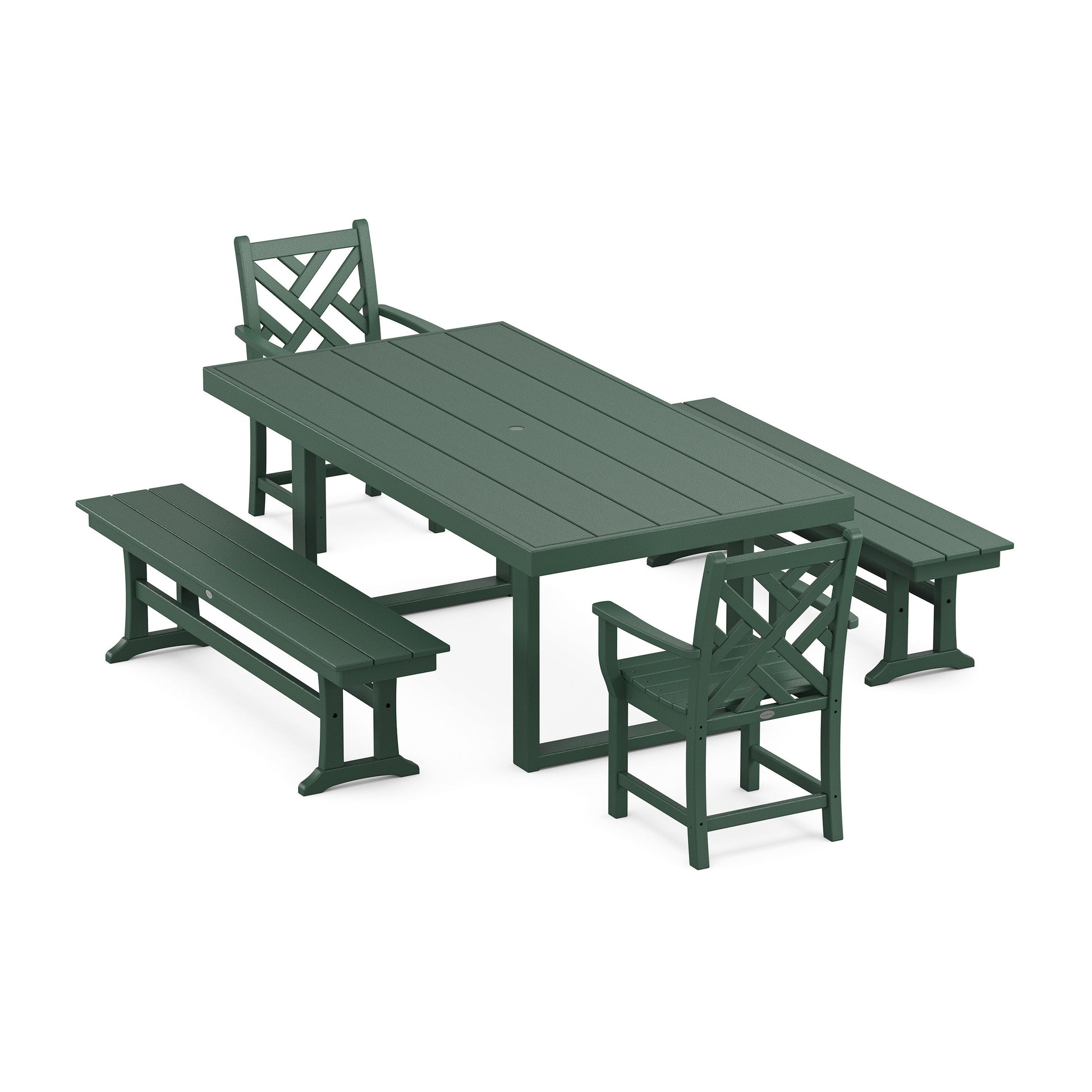 POLYWOOD Chippendale 5-Piece Dining Set with Benches — Green