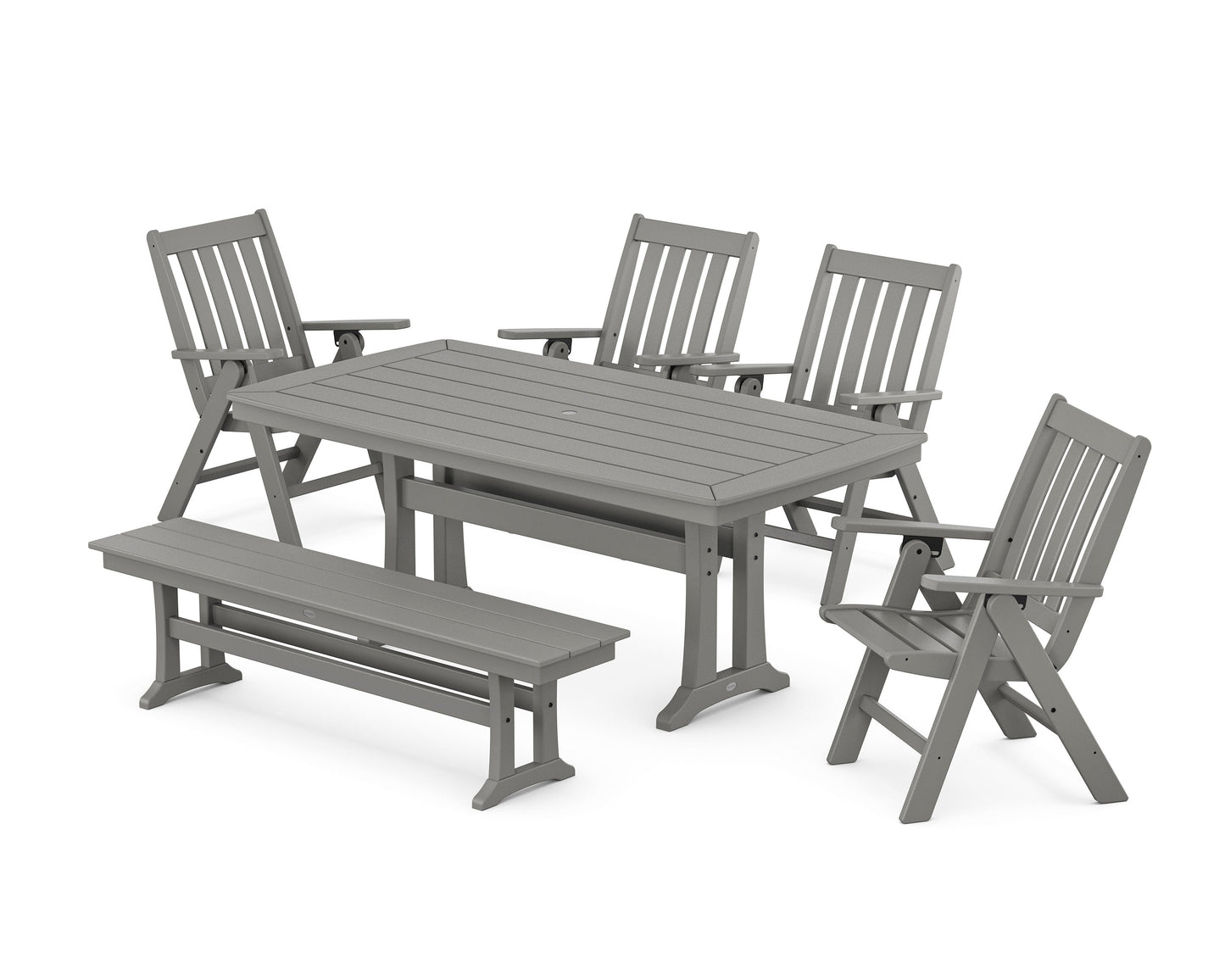 POLYWOOD Vineyard Folding Chair 6-Piece Dining Set with Trestle Legs and Bench — Slate Grey
