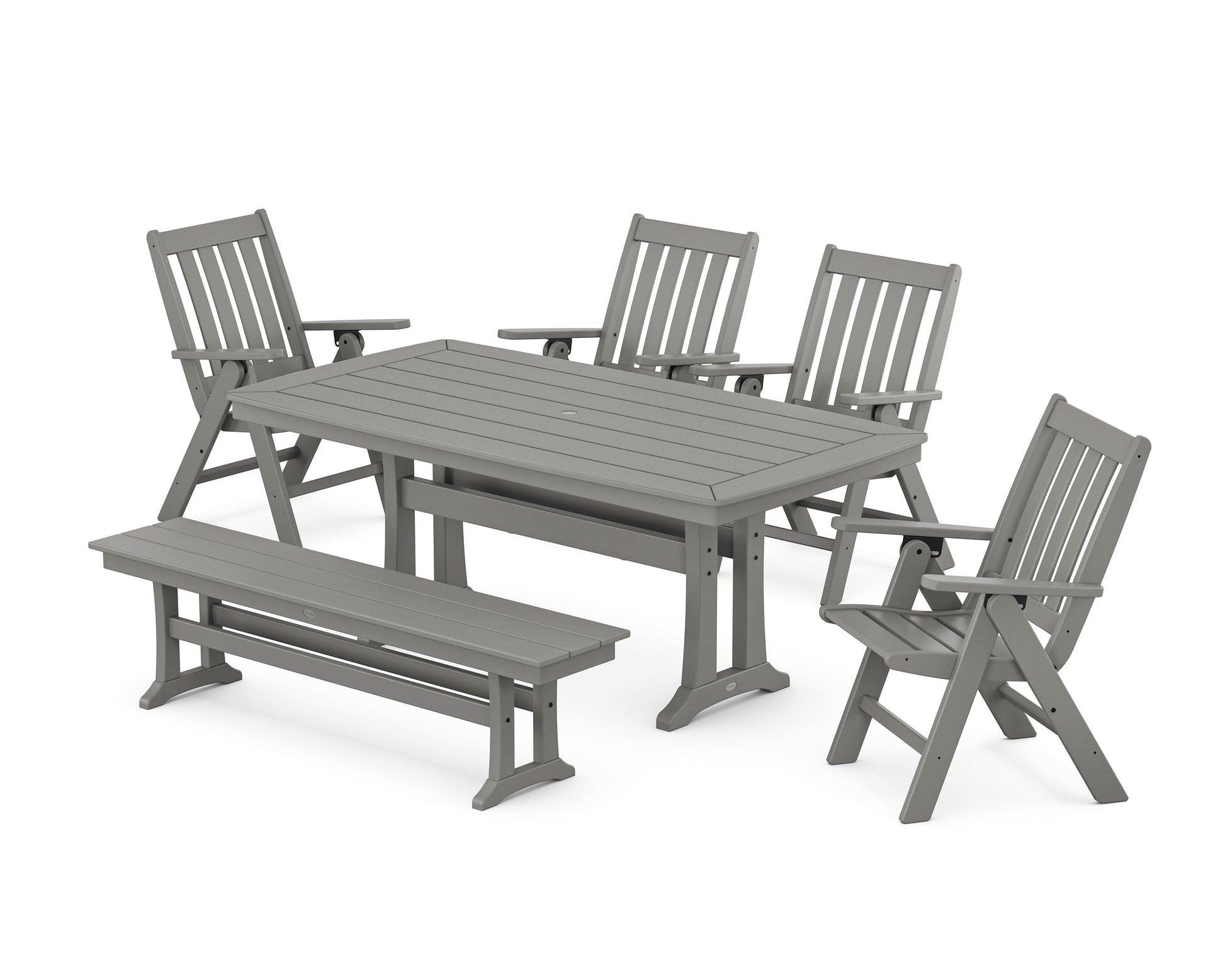 POLYWOOD Vineyard Folding Chair 6-Piece Dining Set with Trestle Legs and Bench — Slate Grey