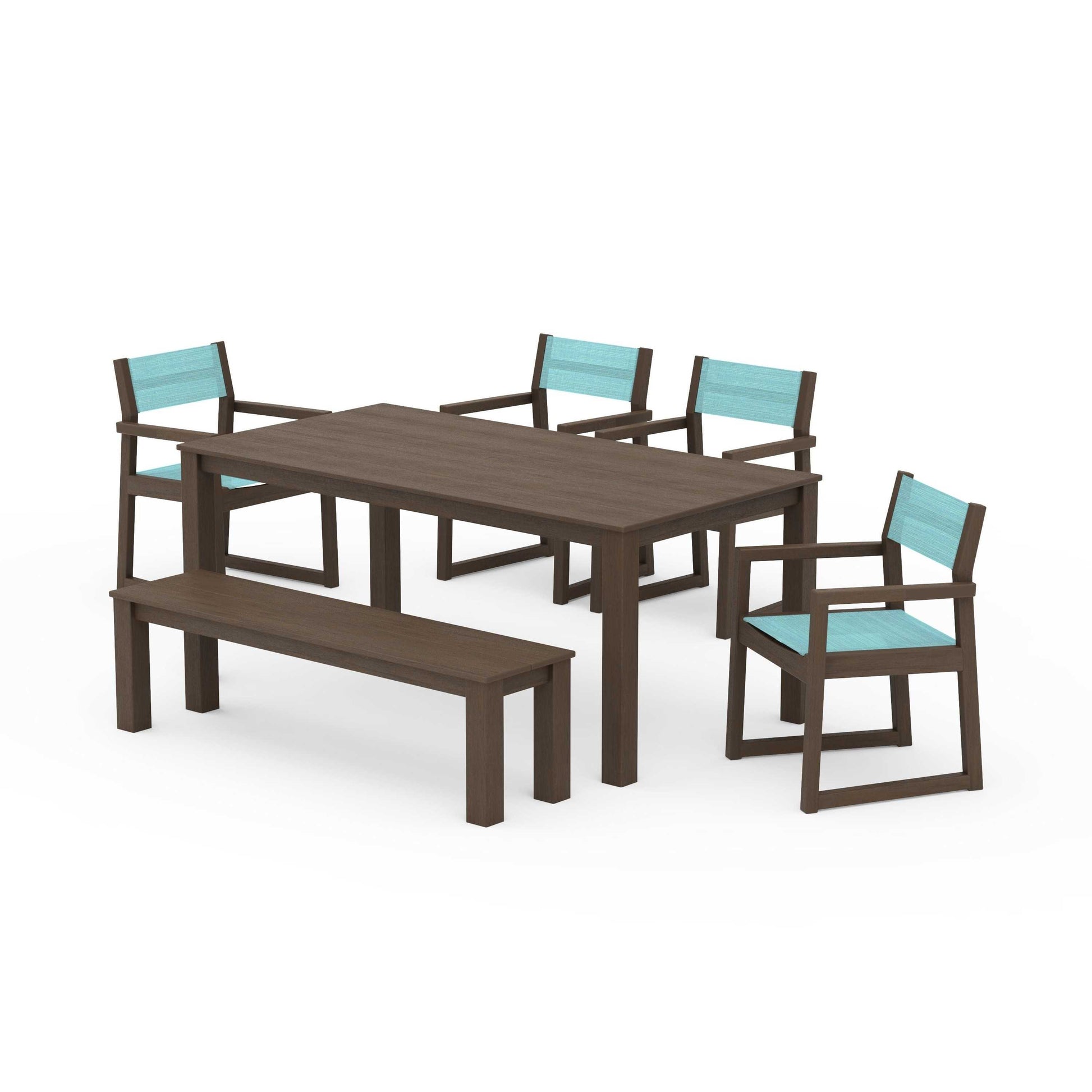 POLYWOOD EDGE Sling Arm Chair 6-Piece Parsons Dining Set with Bench — Kona / Dupioni Aquamarine Sling