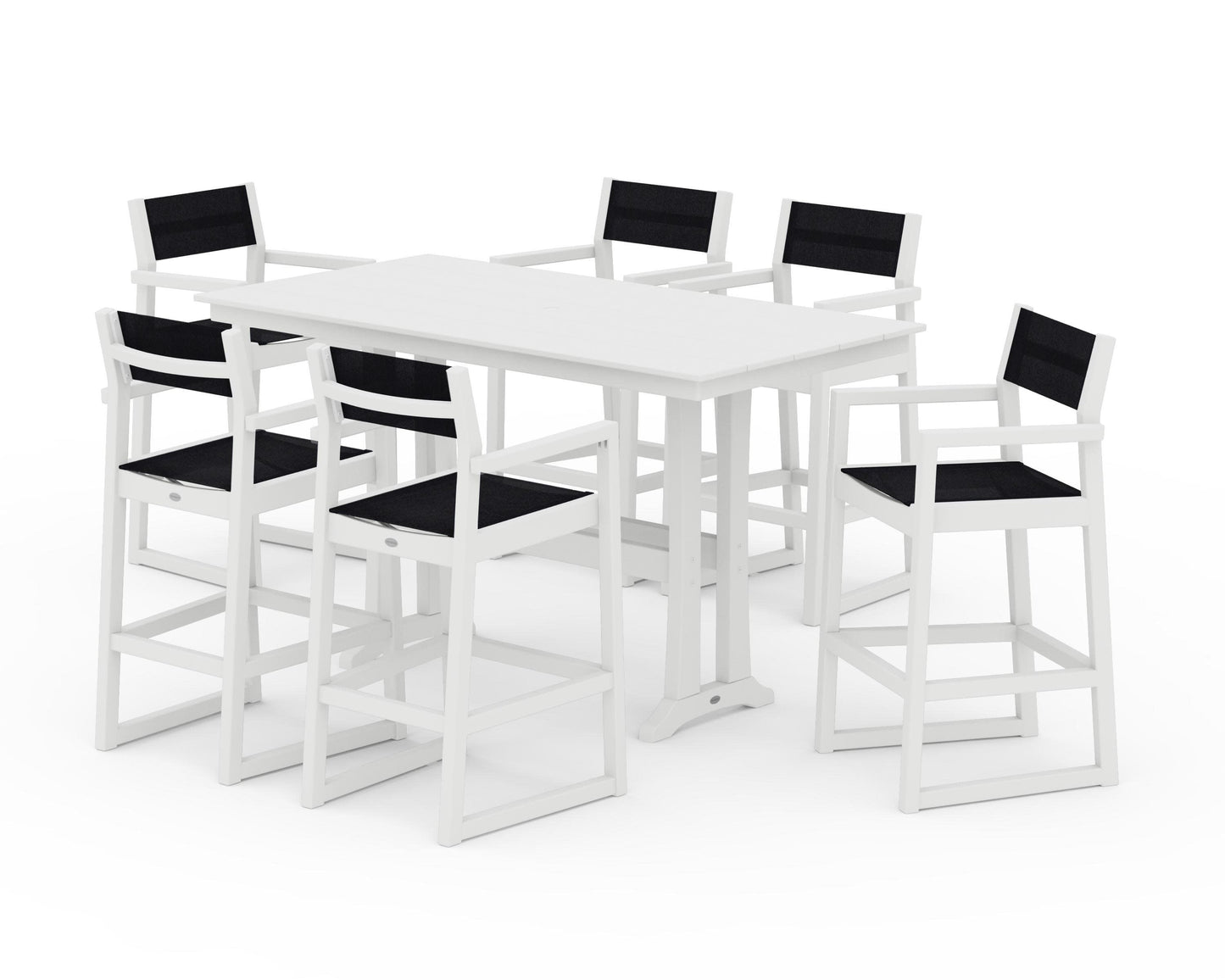 POLYWOOD EDGE Sling Arm Chair 7-Piece Farmhouse Bar Set with Trestle Legs — White / Black Sling