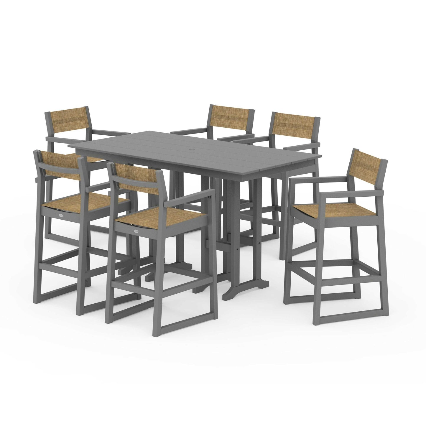 POLYWOOD EDGE Sling Arm Chair 7-Piece Farmhouse Bar Set — Slate Grey / Burlap Sling