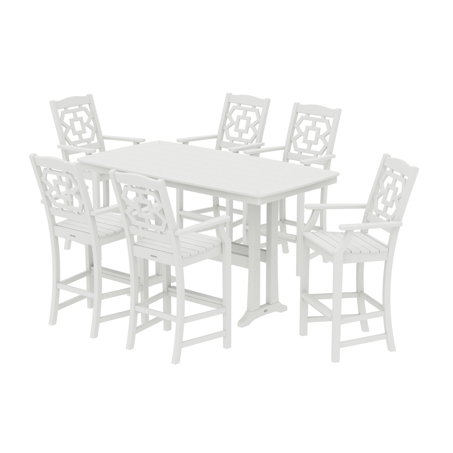 POLYWOOD Chinoiserie Arm Chair 7-Piece Bar Set with Trestle Legs — Vintage White