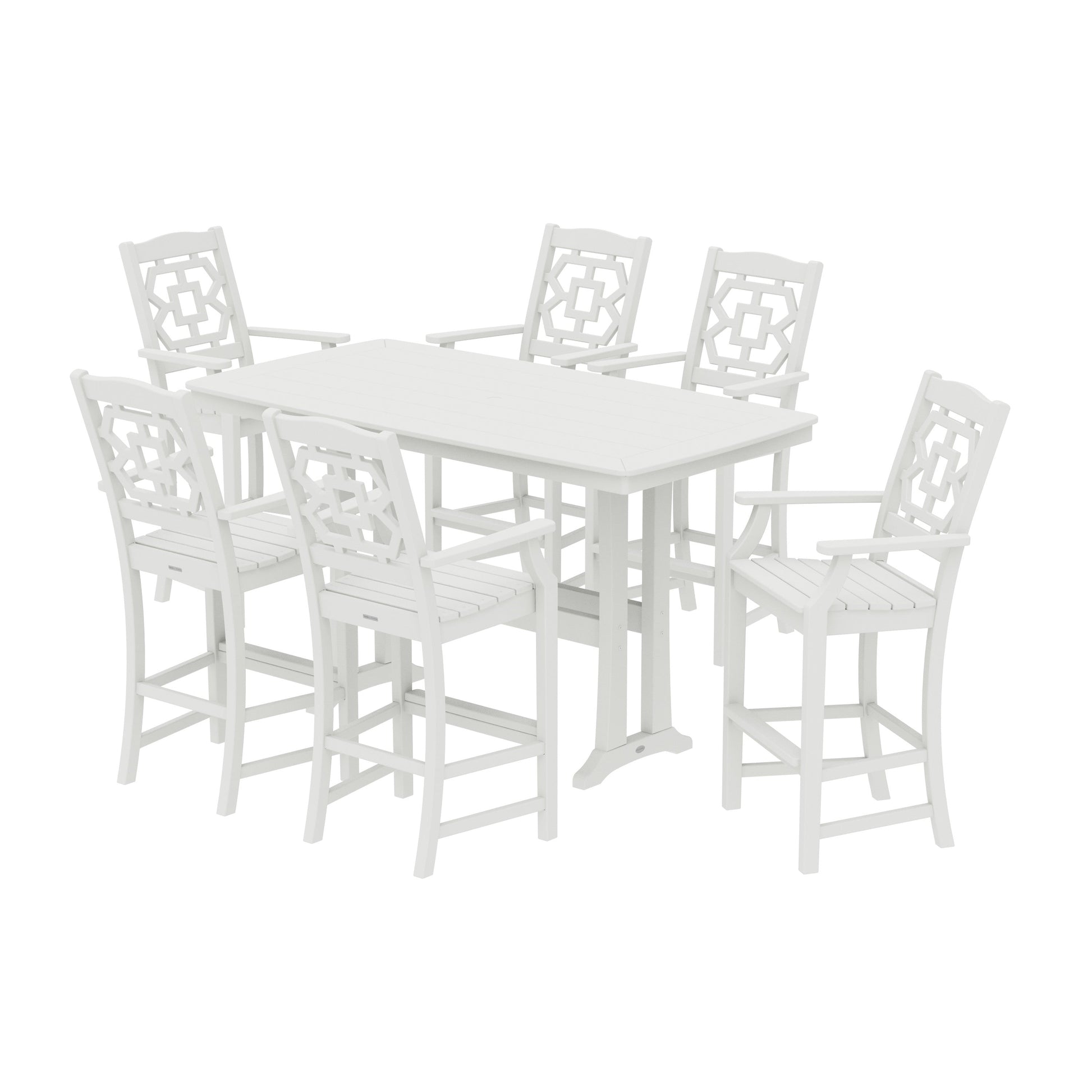 POLYWOOD Chinoiserie Arm Chair 7-Piece Bar Set with Trestle Legs — Vintage White