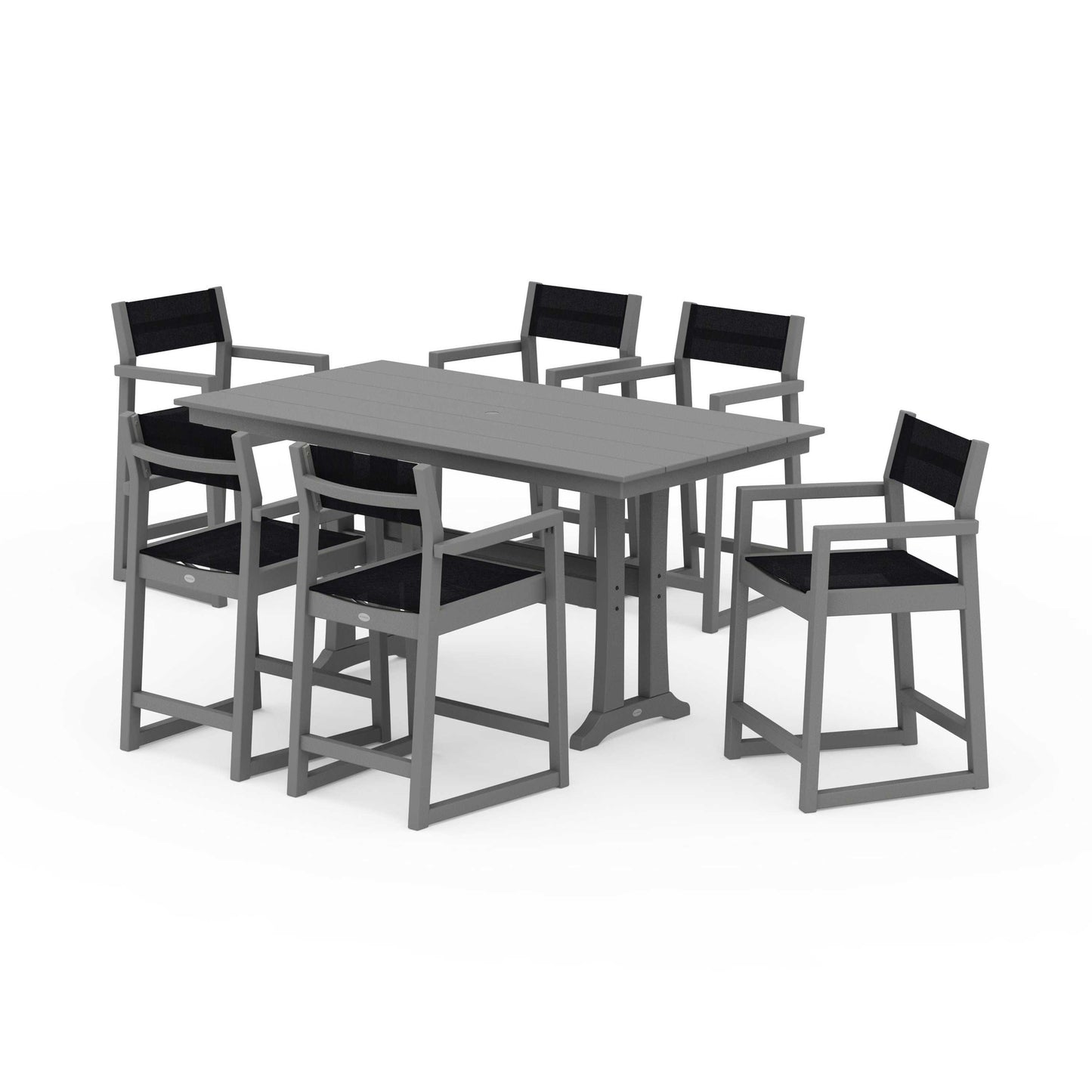 POLYWOOD EDGE Sling Arm Chair 7-Piece Farmhouse Counter Set with Trestle Legs — Slate Grey / Black Sling