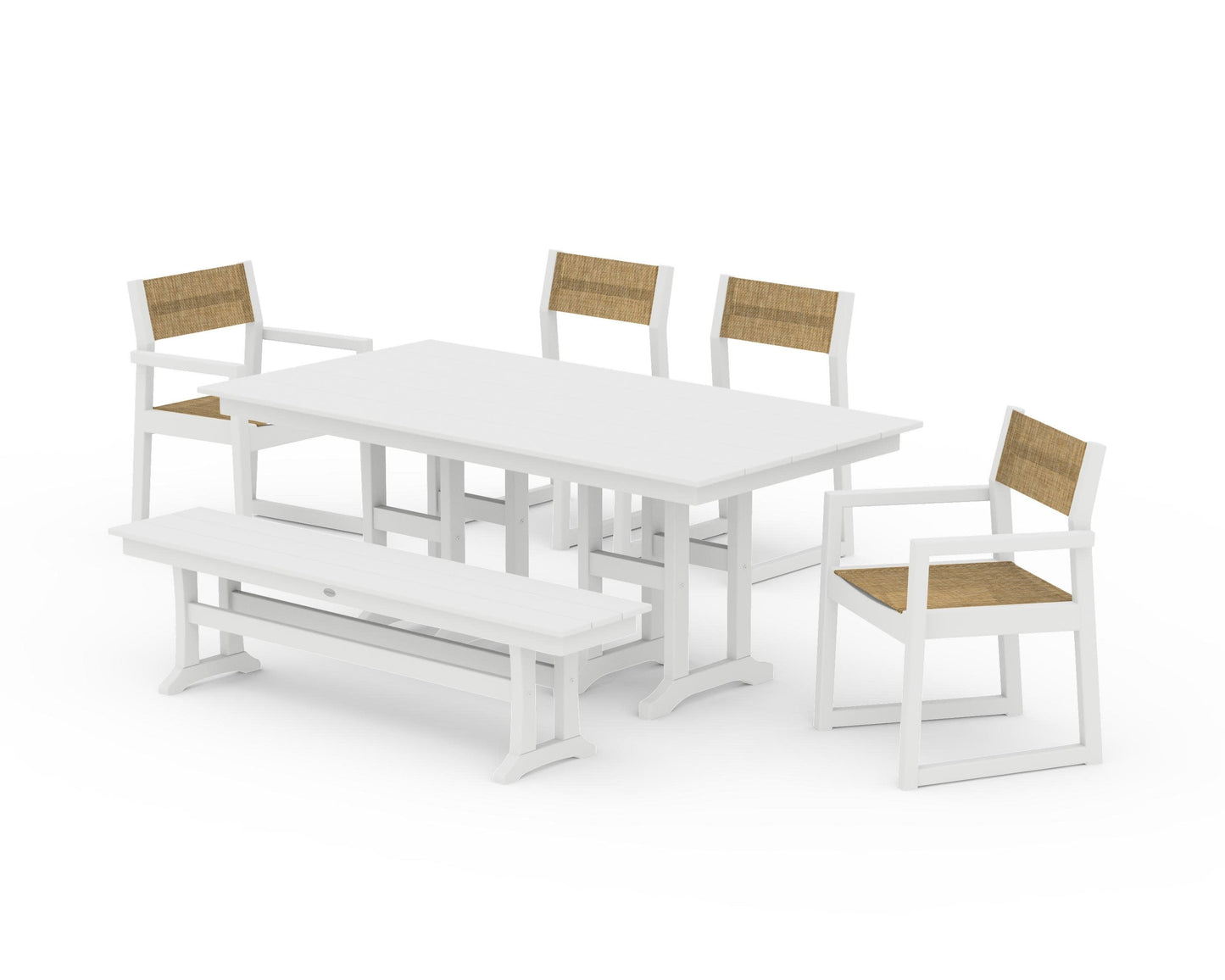 POLYWOOD EDGE Sling 6-Piece Farmhouse Dining Set — White / Burlap Sling