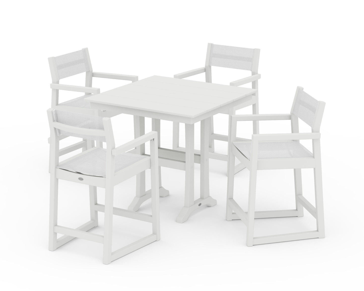 POLYWOOD EDGE Sling Arm Chair 5-Piece Farmhouse Counter Set with Trestle Legs — Vintage White / White Sling