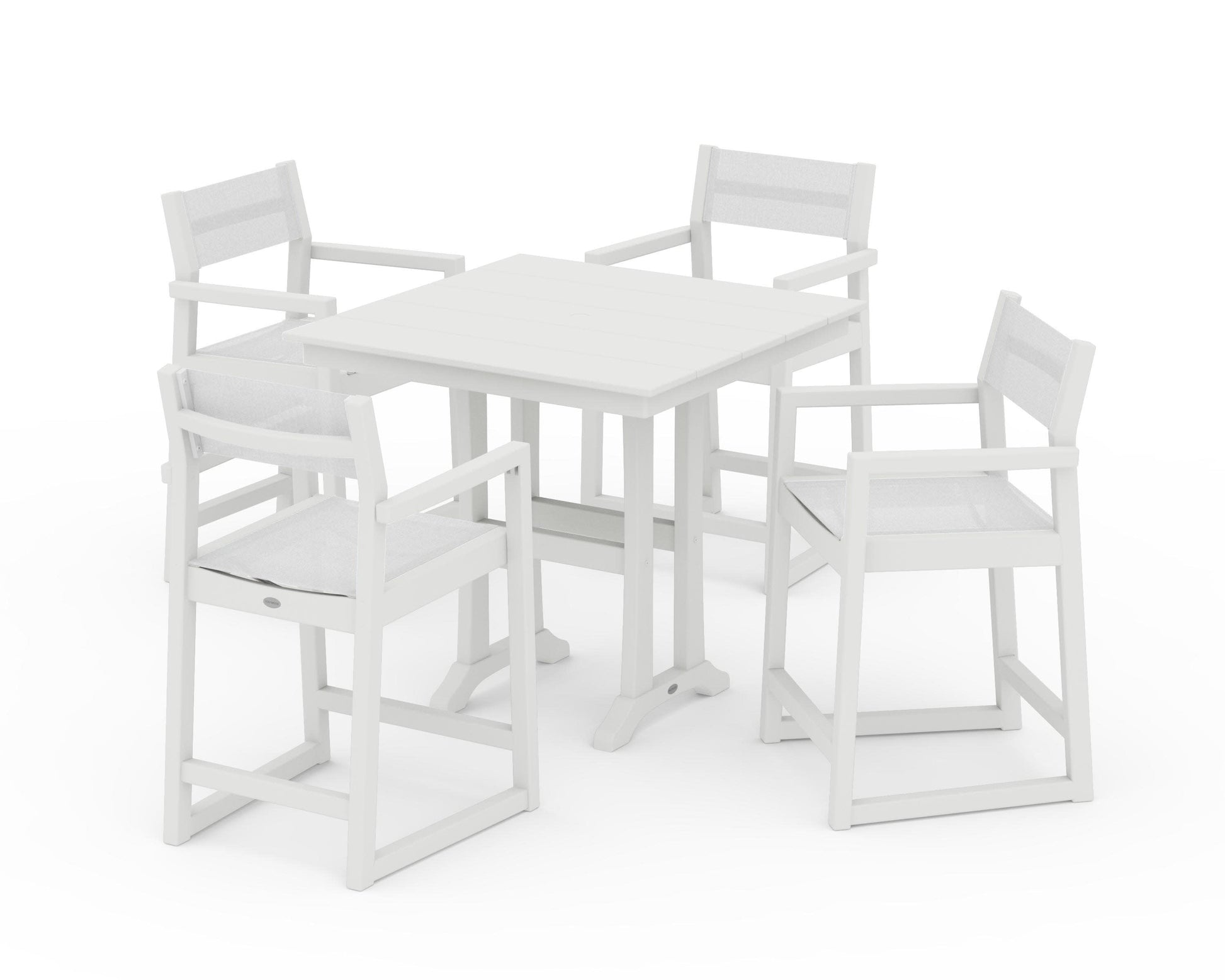 POLYWOOD EDGE Sling Arm Chair 5-Piece Farmhouse Counter Set with Trestle Legs — Vintage White / White Sling