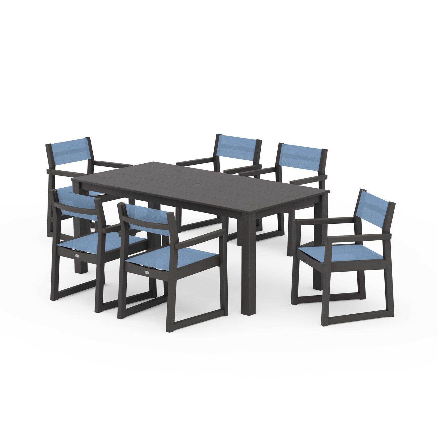 POLYWOOD EDGE Sling Arm Chair 7-Piece Parsons Dining Set — Vintage Coffee / Poolside Sling