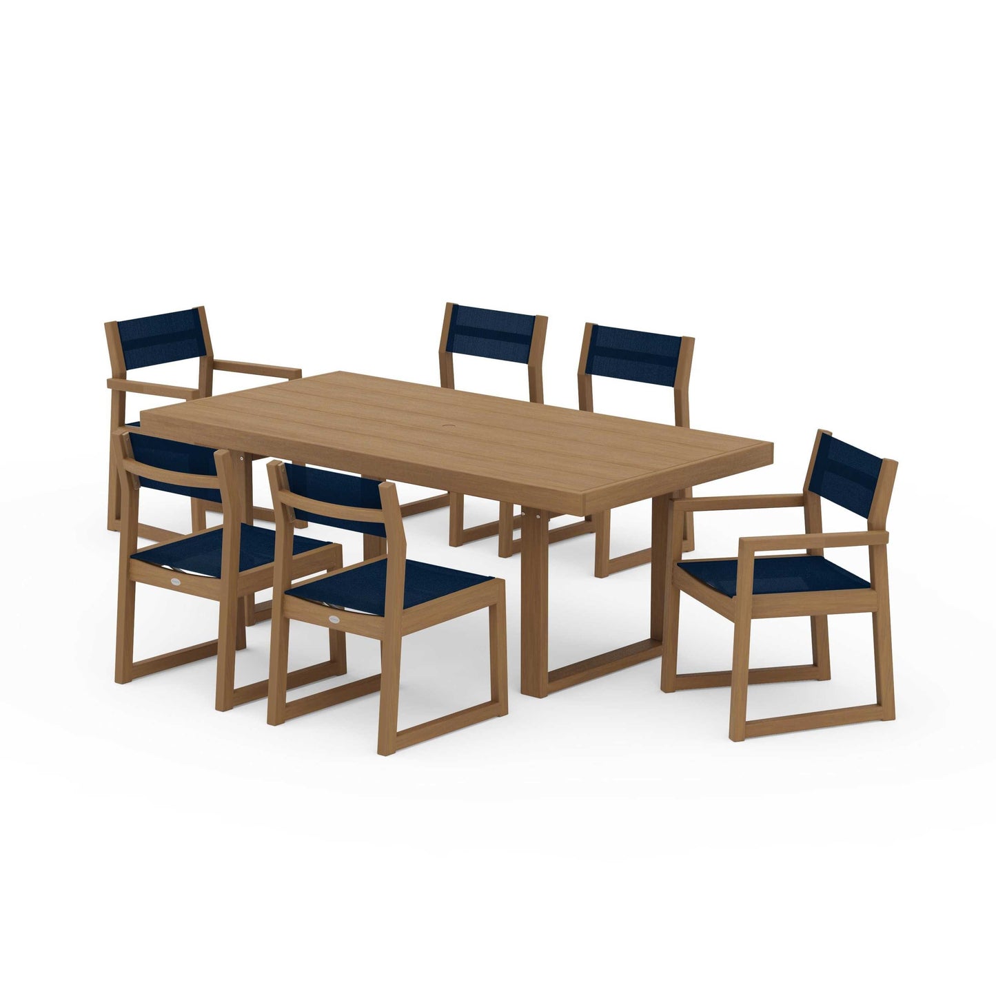 POLYWOOD EDGE Sling 7-Piece Dining Set — Natural / Navy Blue Sling