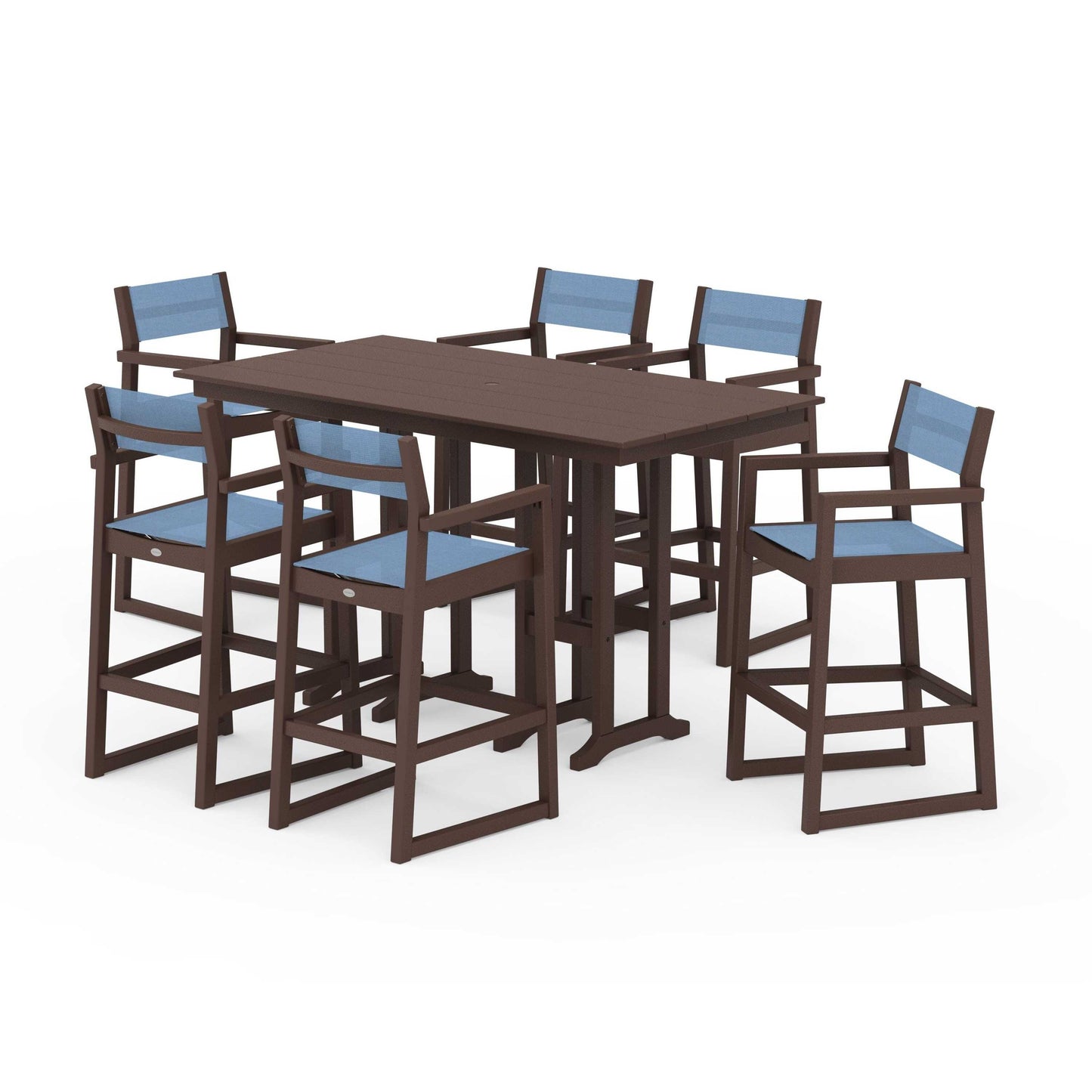 POLYWOOD EDGE Sling Arm Chair 7-Piece Farmhouse Bar Set — Mahogany / Poolside Sling