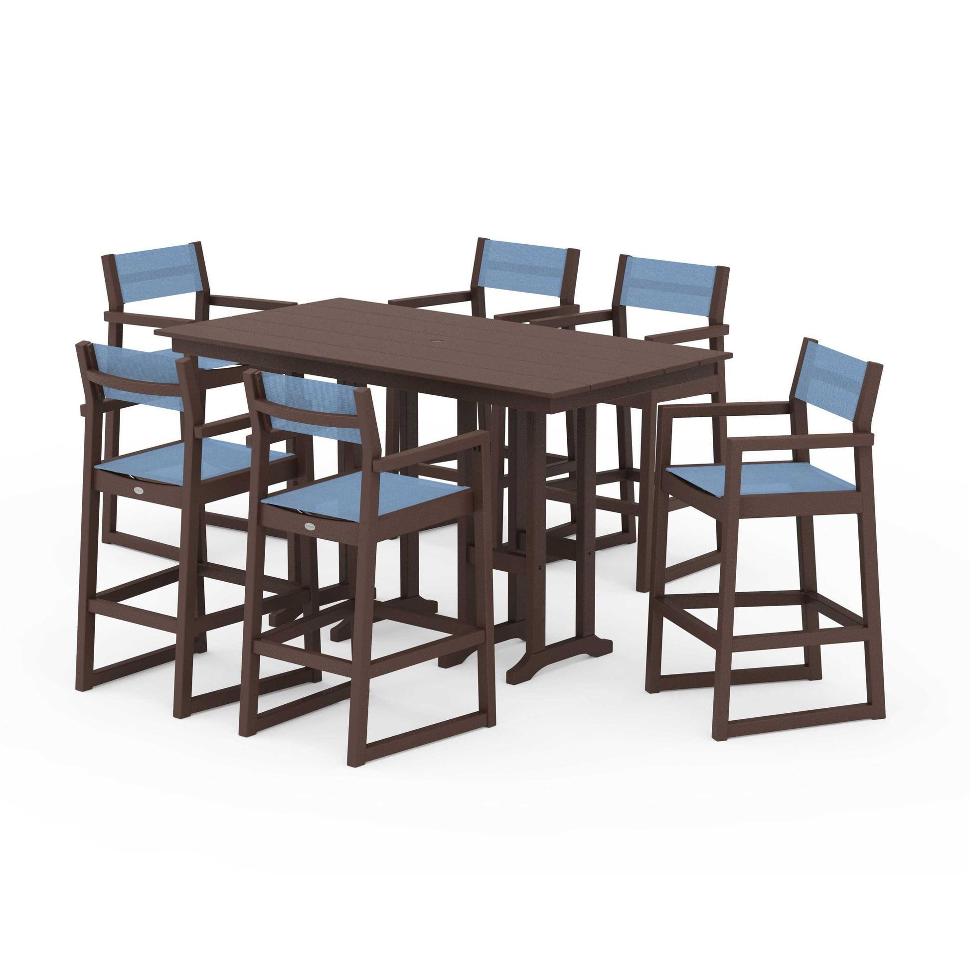 POLYWOOD EDGE Sling Arm Chair 7-Piece Farmhouse Bar Set — Mahogany / Poolside Sling