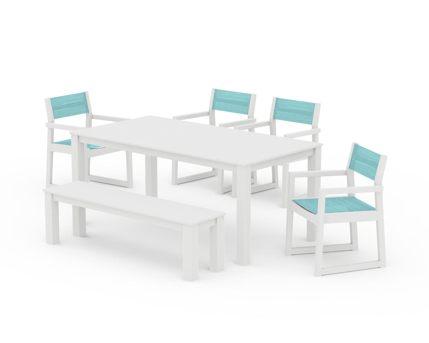 POLYWOOD EDGE Sling Arm Chair 6-Piece Parsons Dining Set with Bench — White / Dupioni Aquamarine Sling