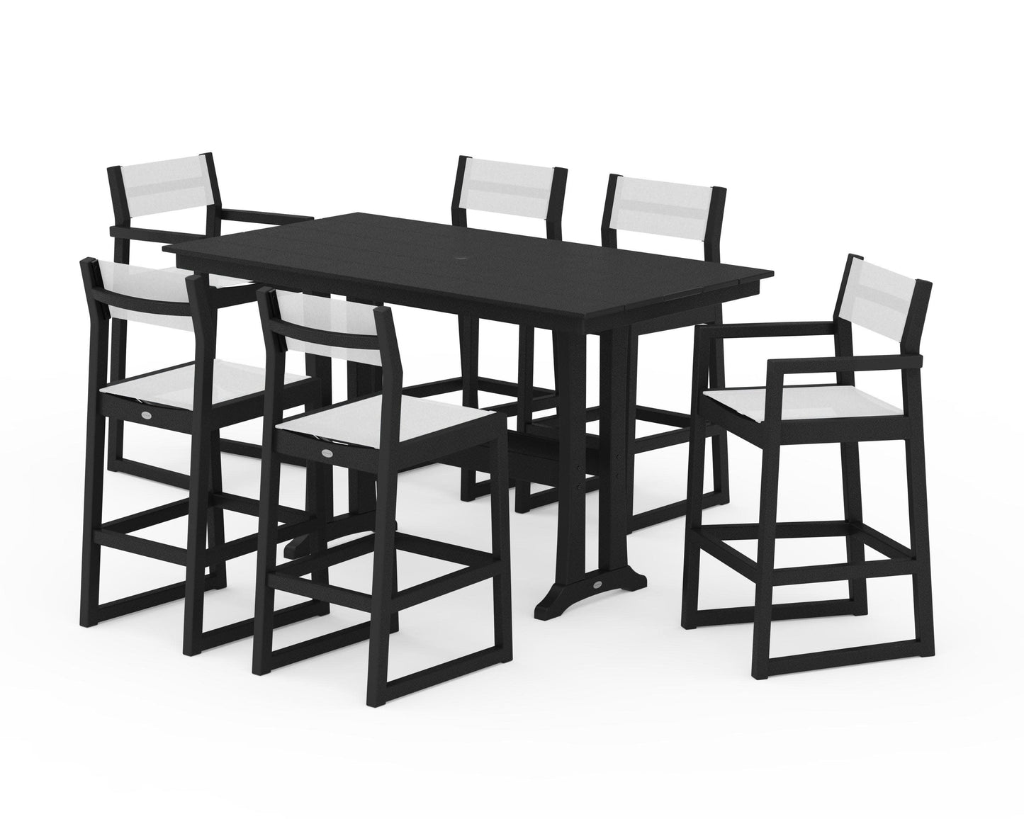 POLYWOOD EDGE Sling 7-Piece Farmhouse Bar Set with Trestle Legs — Black / White Sling