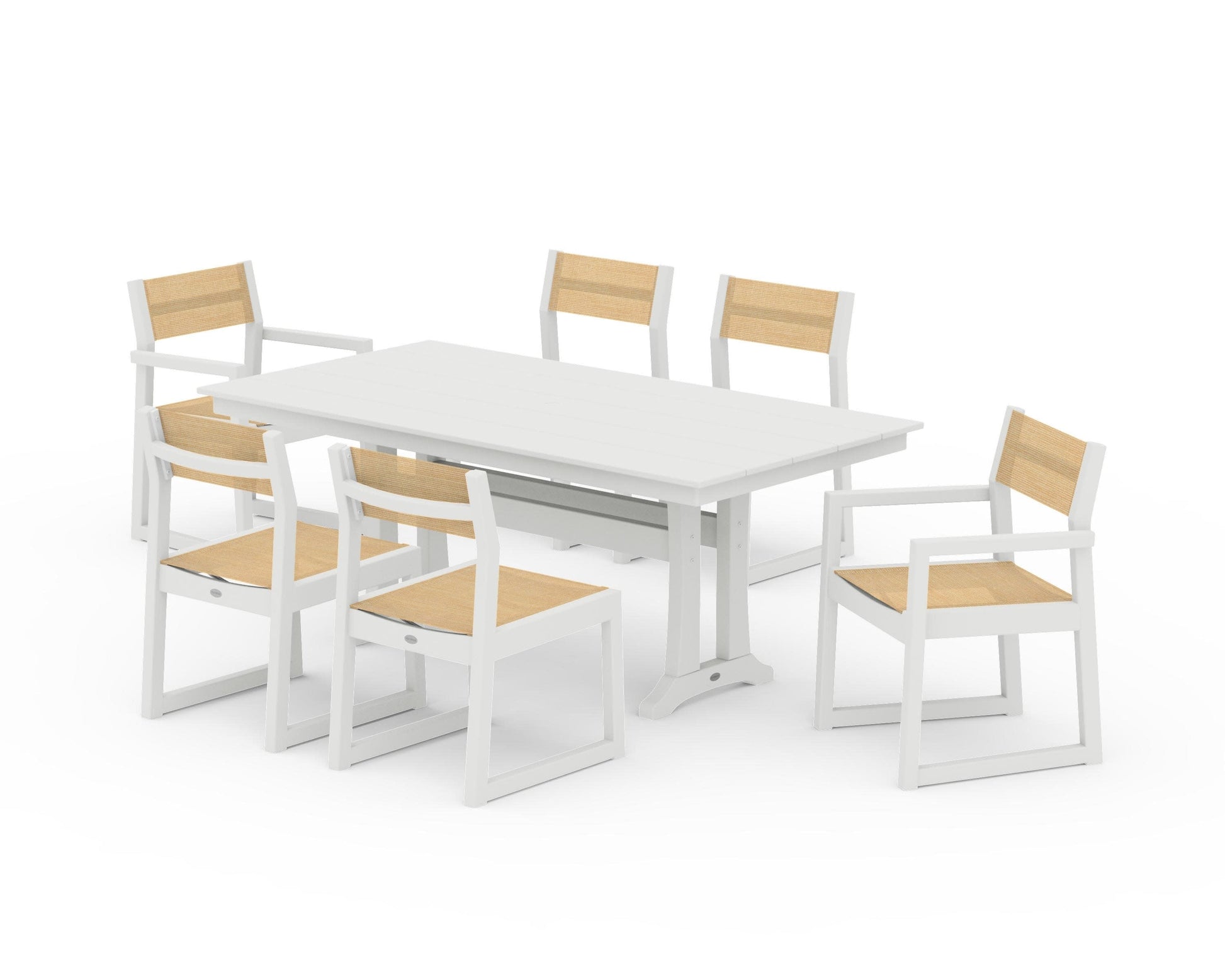 POLYWOOD EDGE Sling 7-Piece Farmhouse Trestle Dining Set — Vintage White / Dupioni Apricot Sling