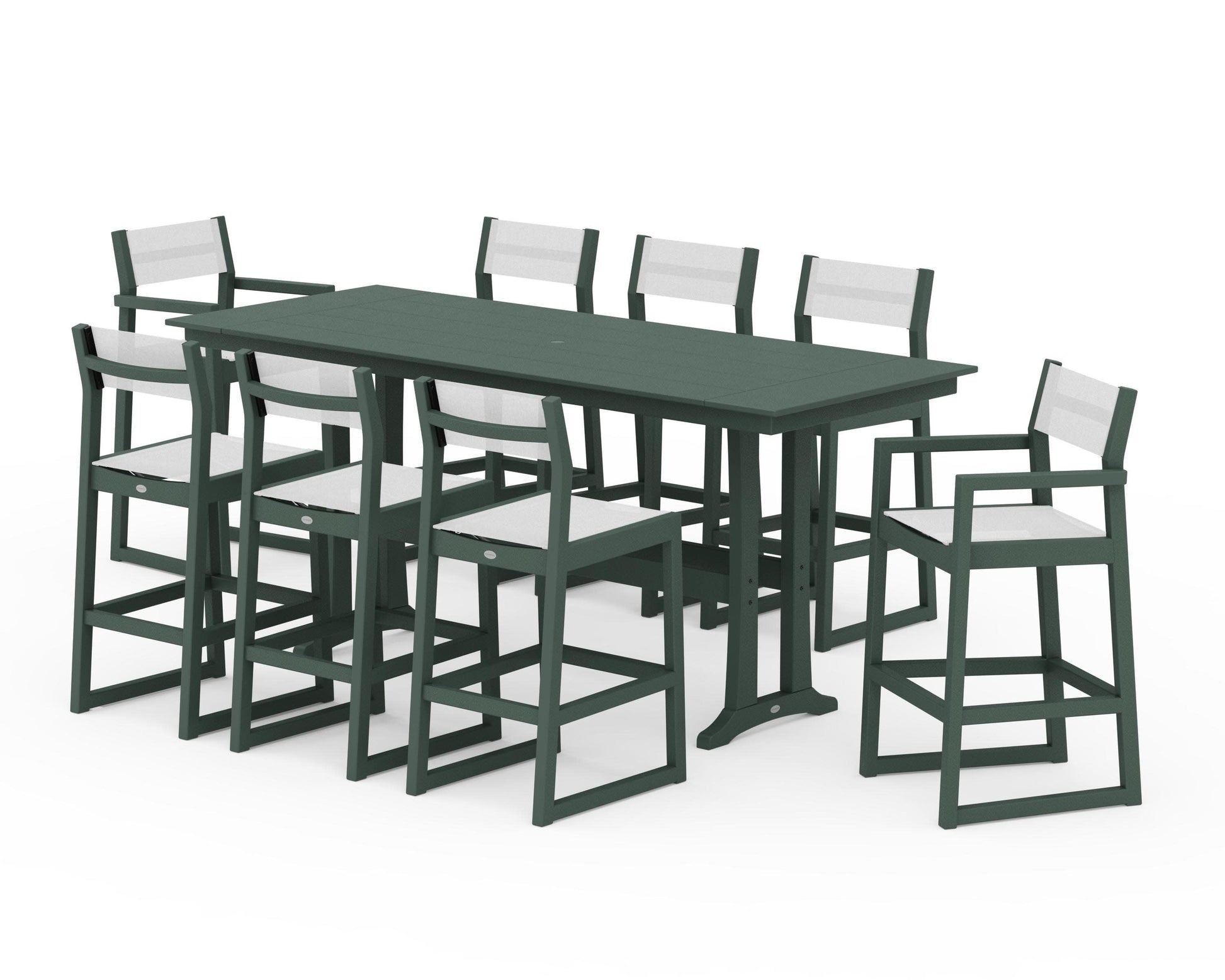 POLYWOOD EDGE Sling 9-Piece Farmhouse Bar Set with Trestle Legs — Green / White Sling