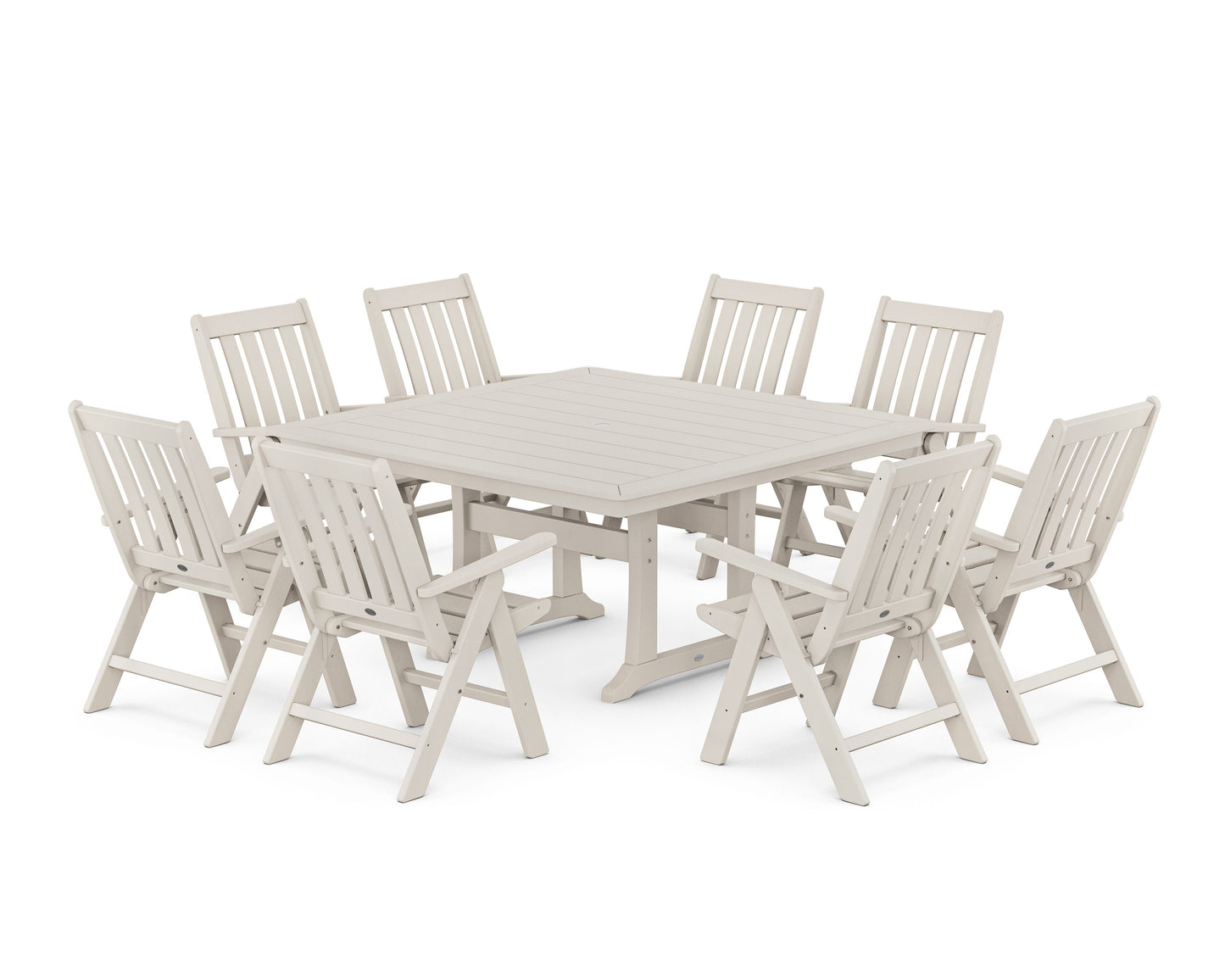 POLYWOOD Vineyard Folding Chair 9-Piece Square Dining Set with Trestle Legs — Sand