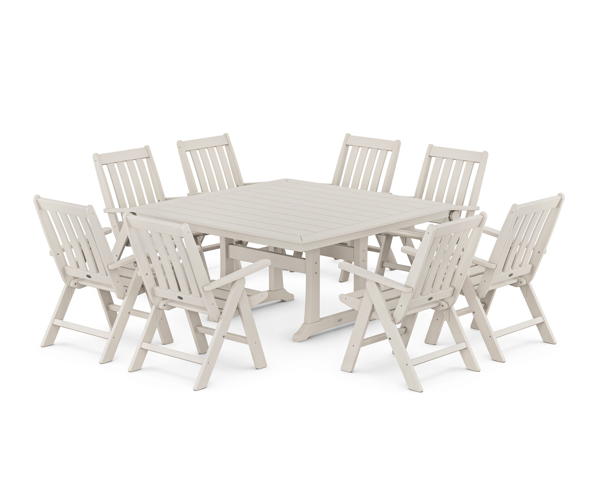 POLYWOOD Vineyard Folding Chair 9-Piece Square Dining Set with Trestle Legs — Sand