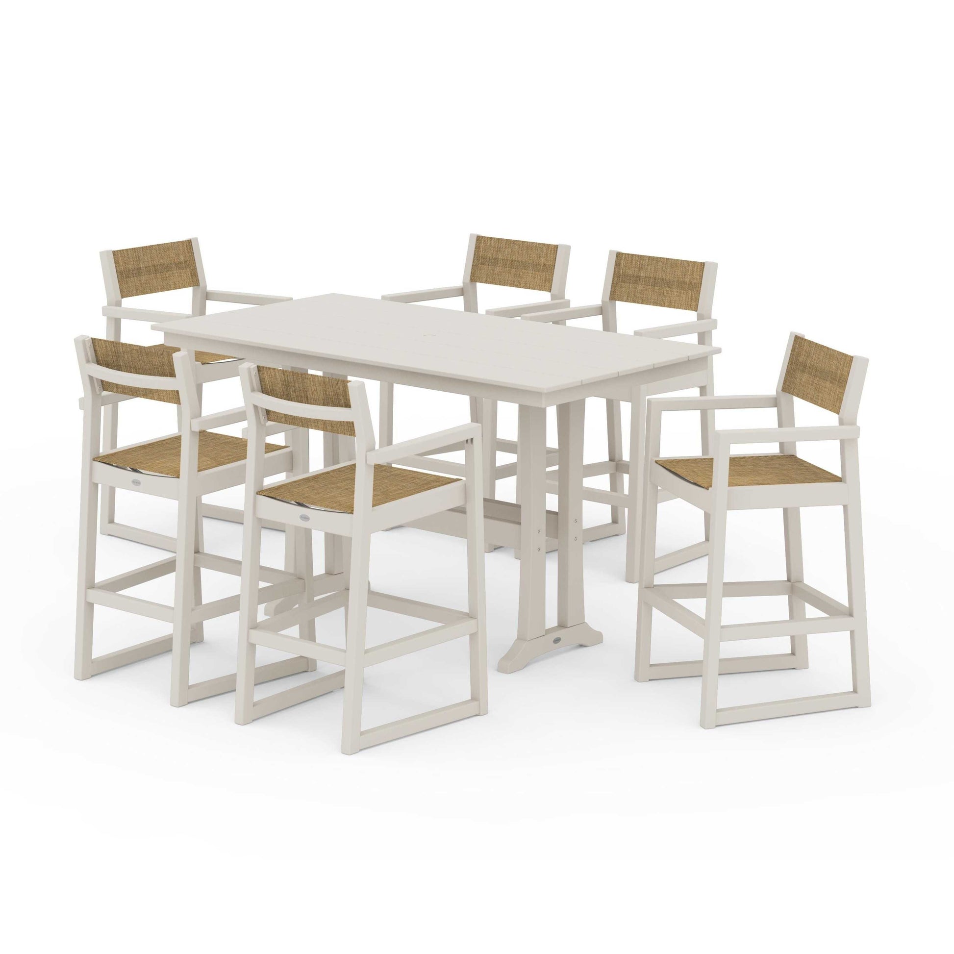 POLYWOOD EDGE Sling Arm Chair 7-Piece Farmhouse Bar Set with Trestle Legs — Sand / Burlap Sling