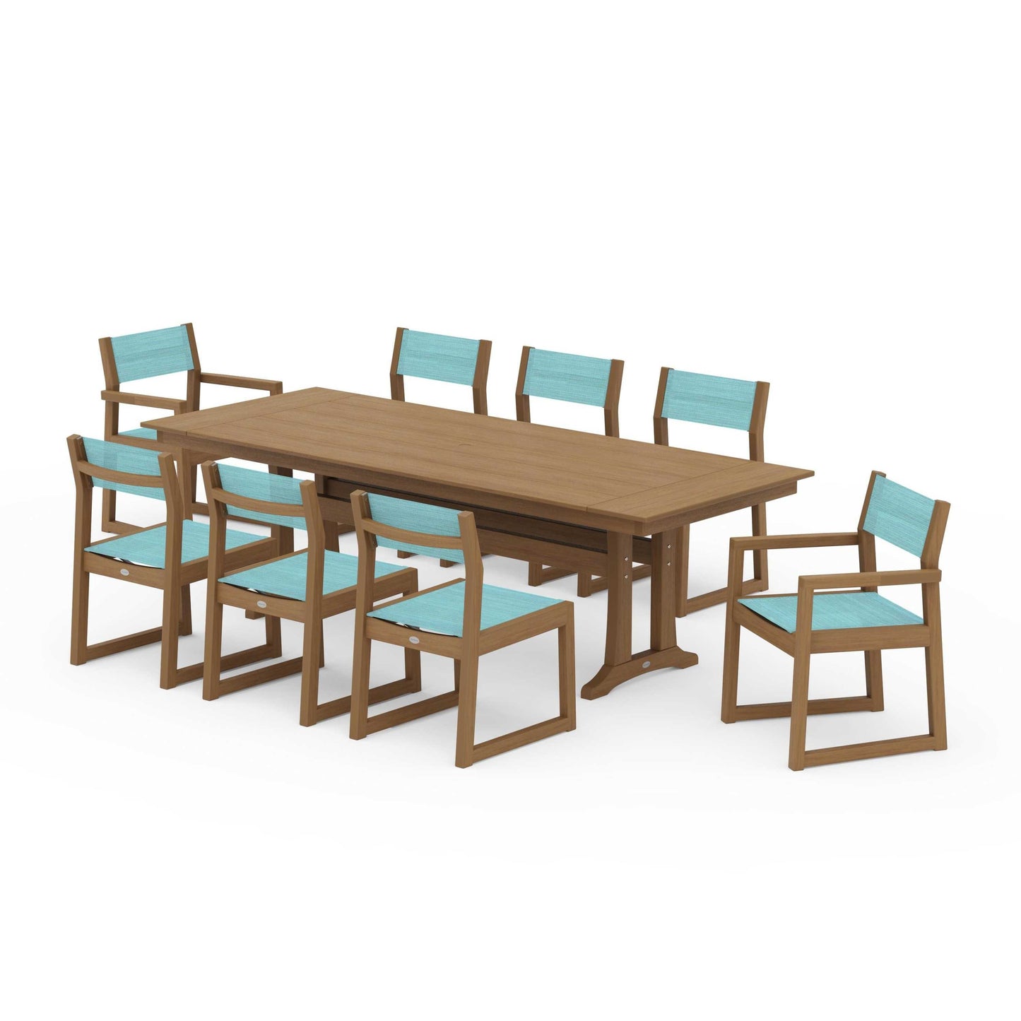 POLYWOOD EDGE Sling 9-Piece Farmhouse Trestle Dining Set — Natural / Dupioni Aquamarine Sling