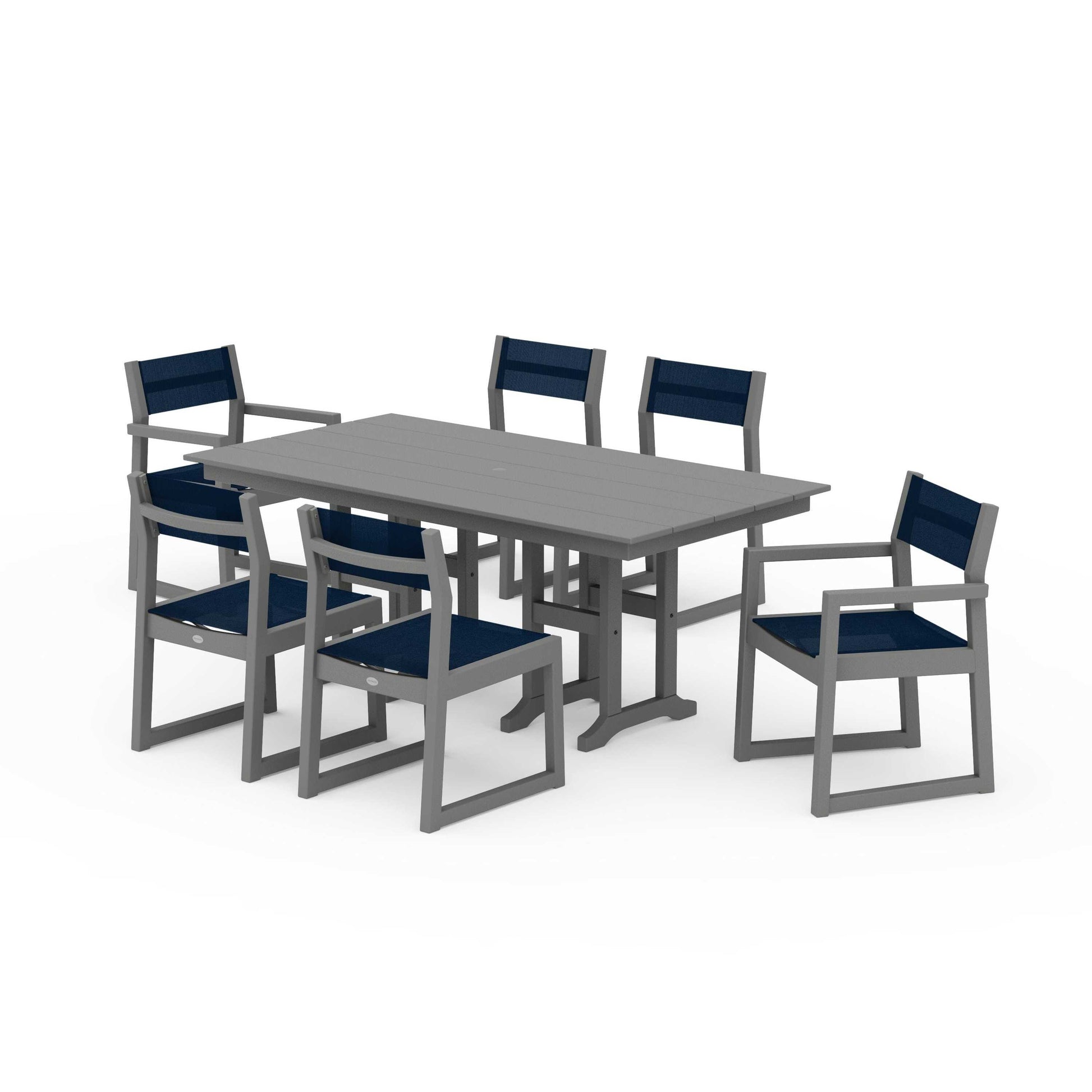 POLYWOOD EDGE Sling 7-Piece Farmhouse Dining Set — Slate Grey / Navy Blue Sling