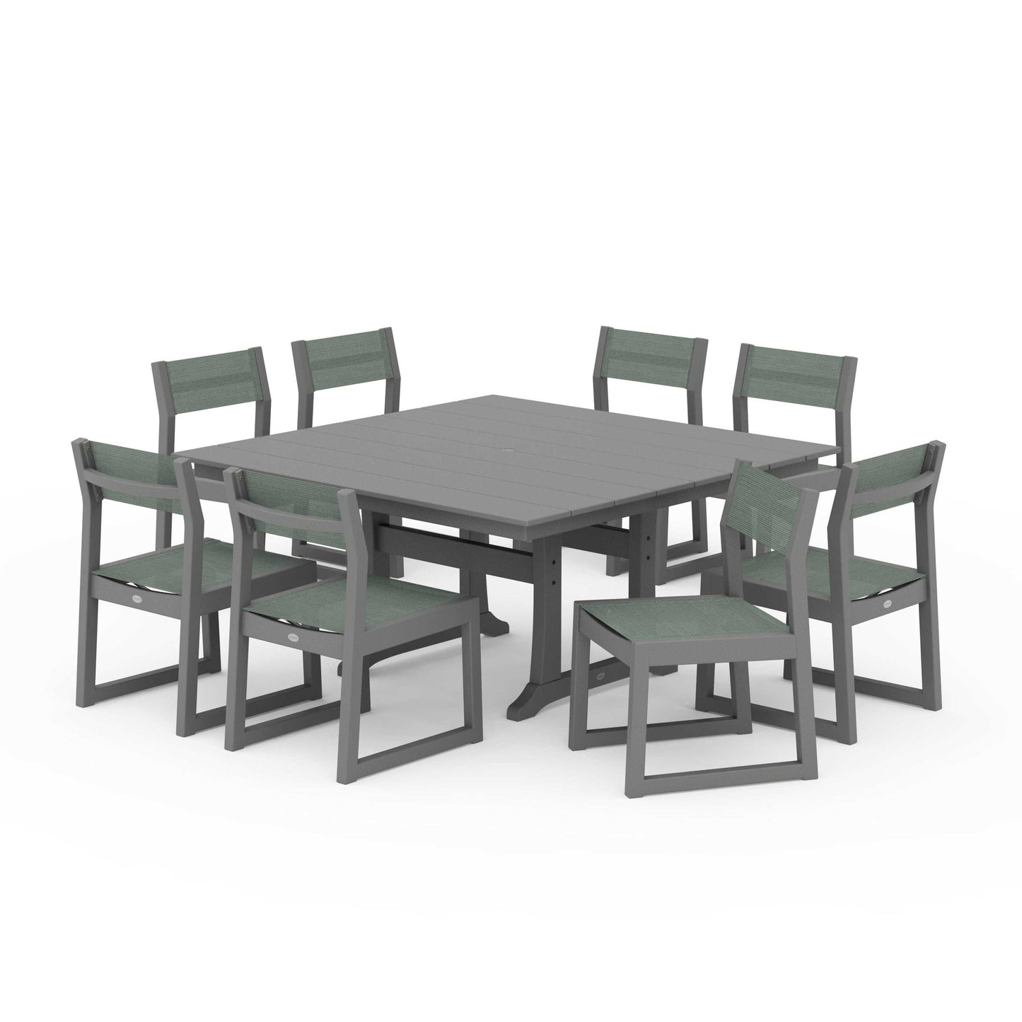 POLYWOOD EDGE Sling Side Chair 9-Piece Farmhouse Trestle Dining Set — Slate Grey / Dupioni Sea Mist Sling