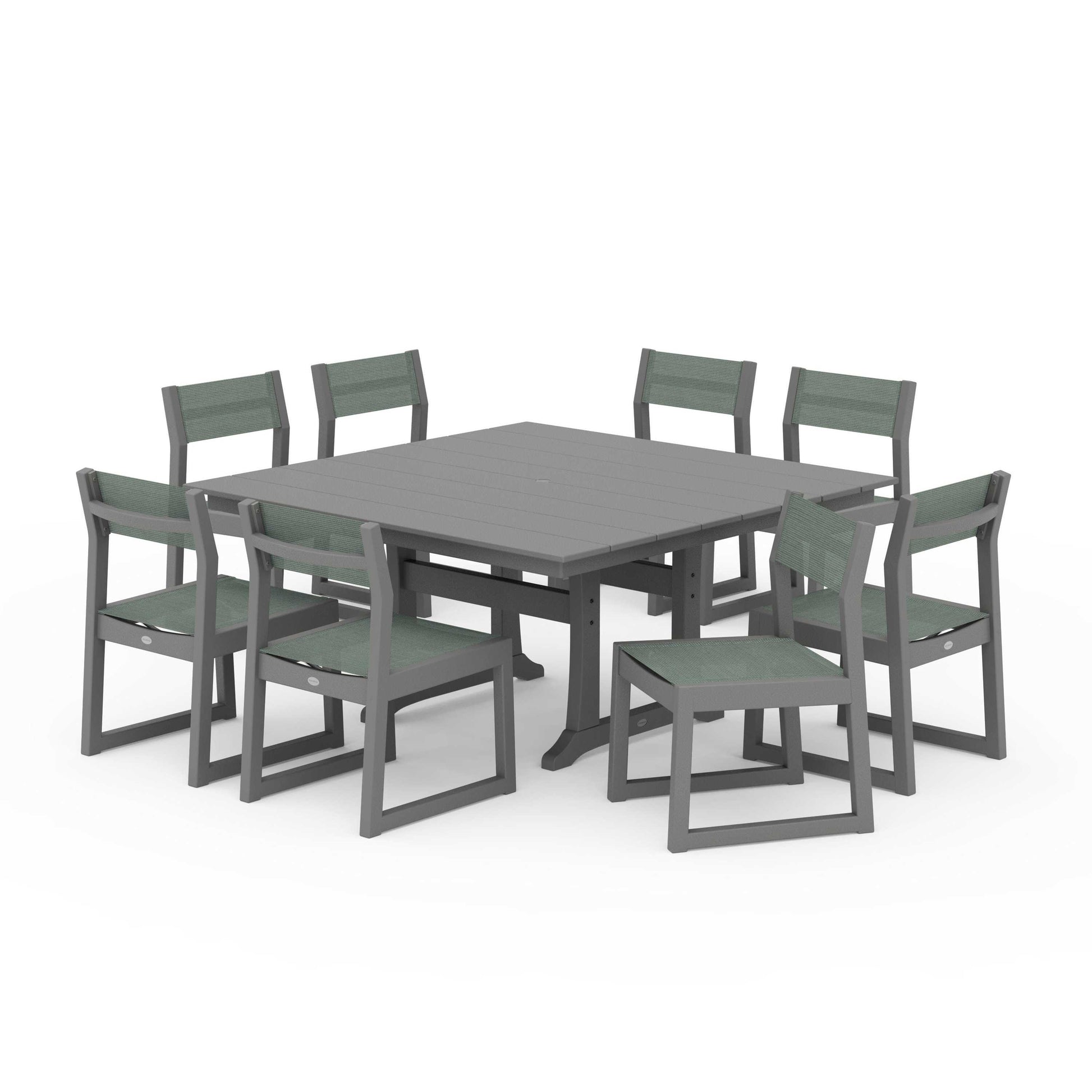 POLYWOOD EDGE Sling Side Chair 9-Piece Farmhouse Trestle Dining Set — Slate Grey / Dupioni Sea Mist Sling