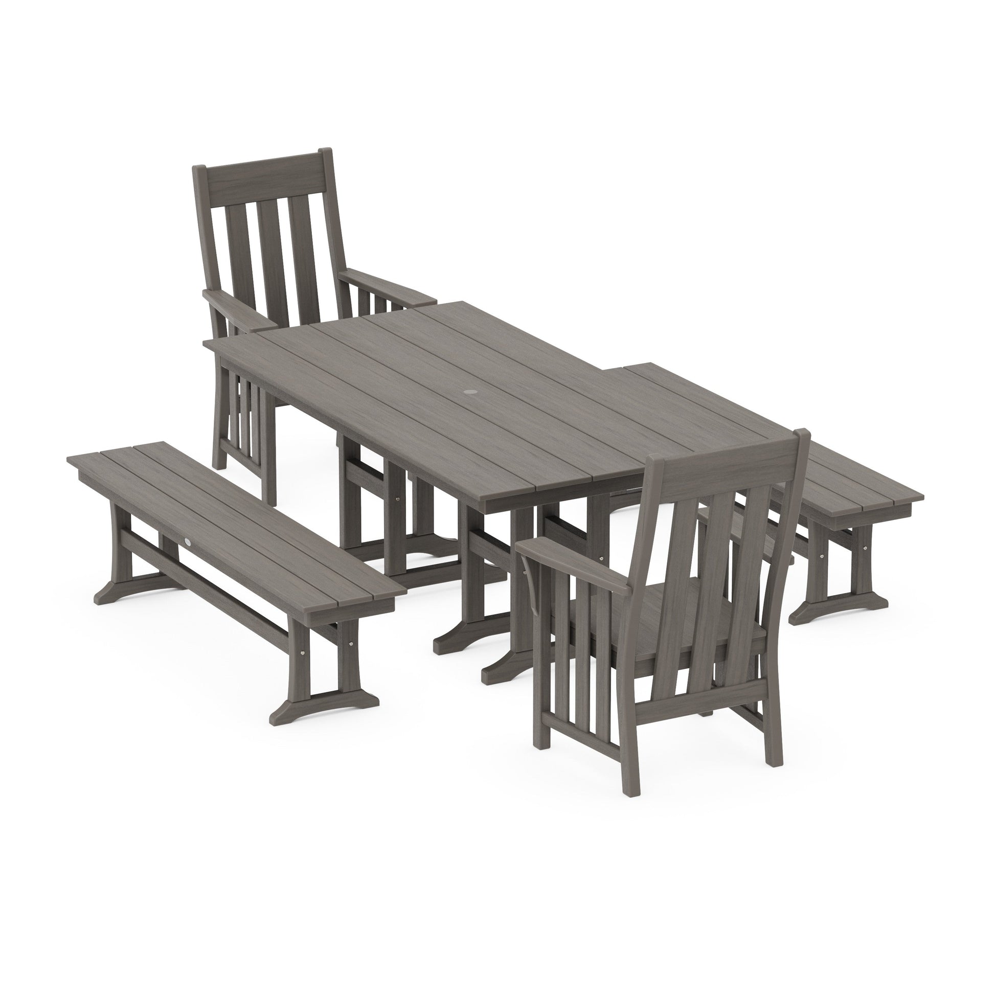 POLYWOOD Acadia 5-Piece Farmhouse Dining Set with Benches — Driftwood