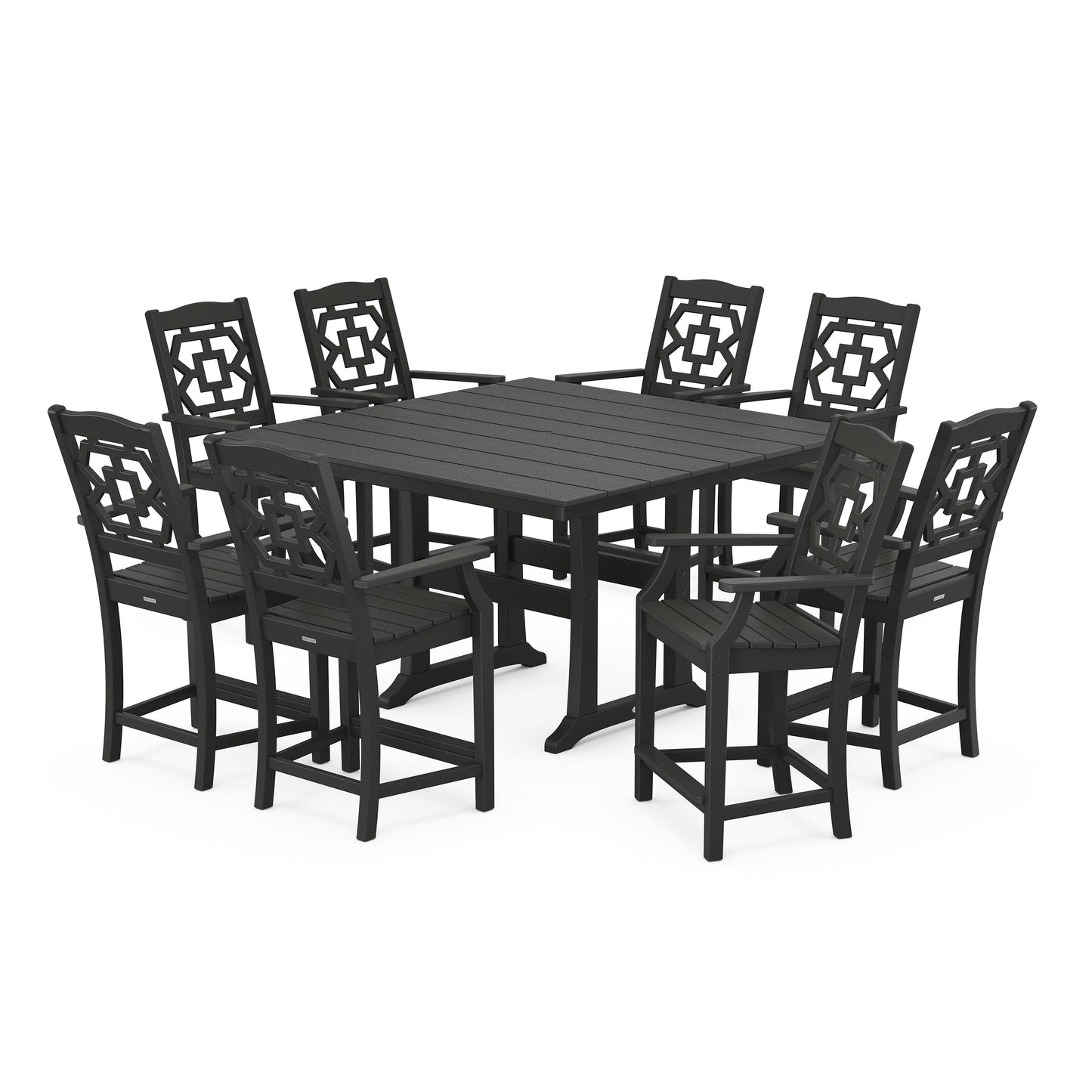 POLYWOOD Chinoiserie 9-Piece Square Farmhouse Counter Set with Trestle Legs — Black