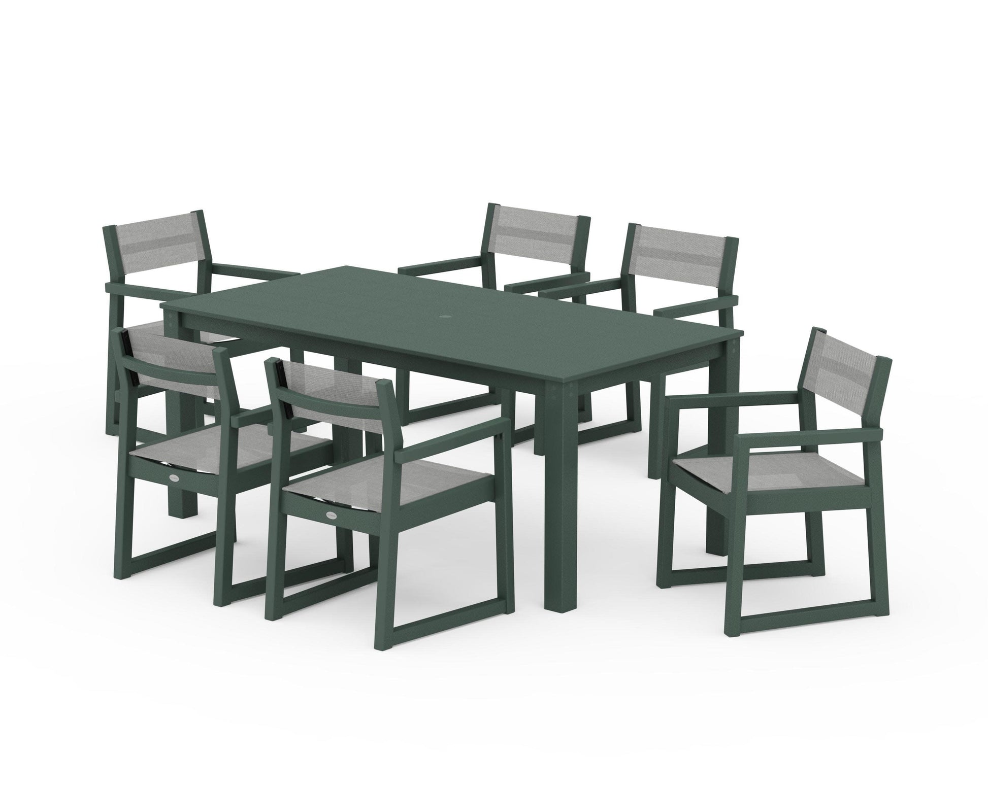 POLYWOOD EDGE Sling Arm Chair 7-Piece Parsons Dining Set — Green / Metallic Sling