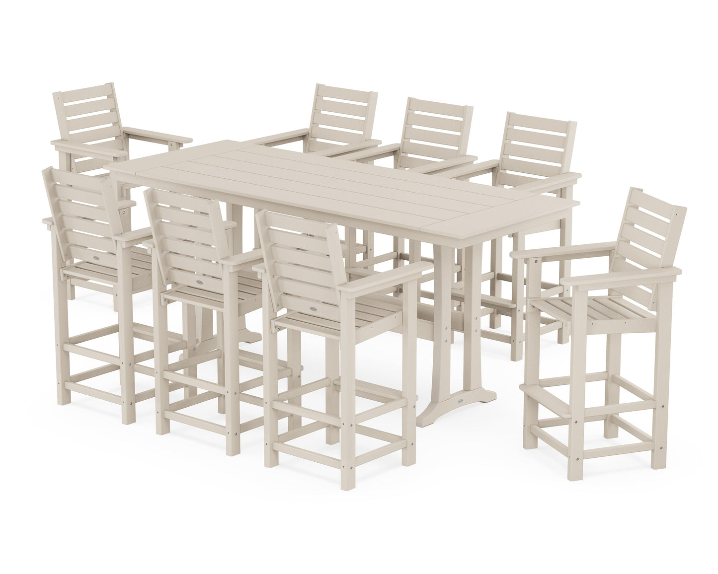 POLYWOOD Captain 9-Piece Farmhouse Bar Set with Trestle Legs — Sand