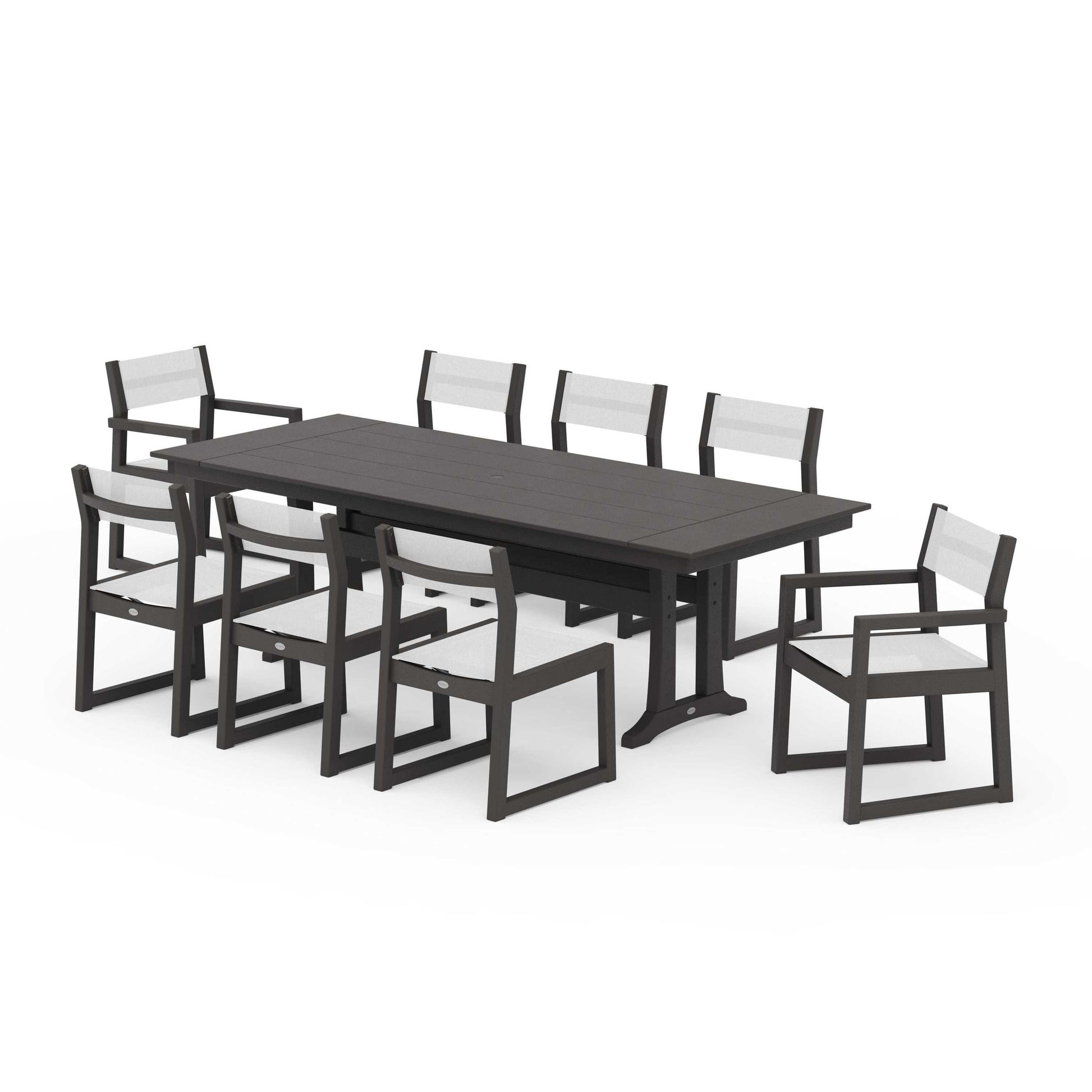 POLYWOOD EDGE Sling 9-Piece Farmhouse Trestle Dining Set — Vintage Coffee / White Sling